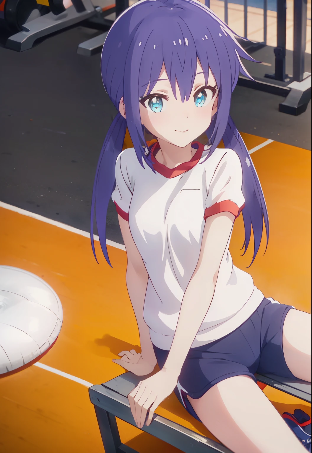 Ao Manaka, long hair, blue hair, (blue eyes:1.5), smile,smile,(Gym clothes with short sleeves:1.5), Gymnastics, (Girl wearing gym clothes), (Girl in gym clothes), Sportswear,shorts,The front is open,barefoot,window　building street,Sunlight through the gap between buildings,morning,sunrise,sitting in a chair,
BREAK indoors, living,
BREAK looking at viewer,
BREAK (masterpiece:1.2), highest quality, High resolution, unity 8k wallpaper, (figure:0.8), (detailed and beautiful eyes:1.6), highly detailed face, perfect lighting, Very detailed CG, (perfect hands, perfect anatomy),