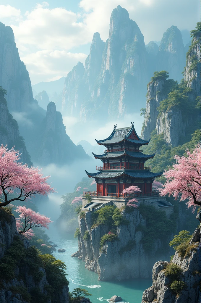 (Best quality,4K,8K,A high resolution,Masterpiece:1.2),Ultra-detailed,(Realistic,Photorealistic,photo-realistic:1.37),A Chinese-style palace perched on a mist-shrouded cliff, dreamlike scenes,Ancient Palace,tranquil ambiance,majestic architecture,Gorgeous roof,Floating clouds,Ethereal atmosphere,mystical ambiance,Colorful garden,reflecting pool,Stunning landscape,Mountainous background,endless horizon,Towering peaks,Whispering wind,serenity and calm,elaborate carvings,Lush greenery,Impeccable symmetry,Golden Dragon Sculpture,Peaceful courtyard,Elegant pagoda,Palatial hall,Soft sunlight shines through the window,Delicate bamboo forest,Lotus in bloom,The delicate cherry blossoms drift in the wind,Magical atmosphere,Exquisite details throughout,Traditional elegance,Pastel color palette,Subtle hazy tones,Sublime beauty,Long-range shots,The overall color tone is gold
