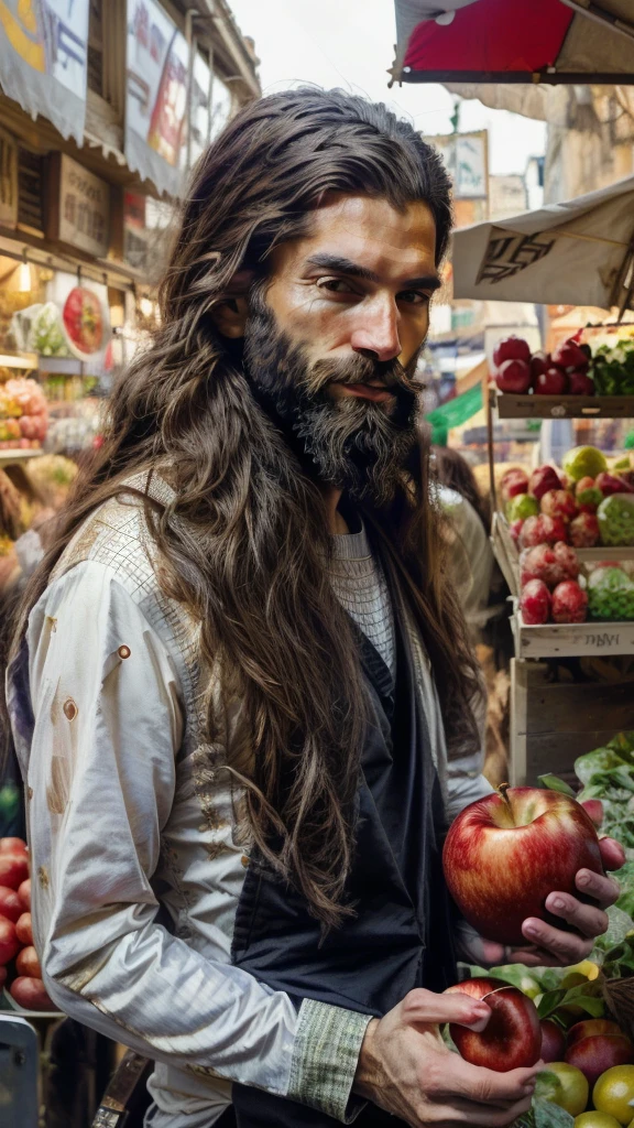 a libra zodiac sign long haired, young, slim man in a busy market, holding in hand a fresh red apple, detailed facial features, close-up portrait, realistic lighting, vibrant colors, cinematic composition, photorealistic, 8k, masterpiece. Smile, wide angle. 