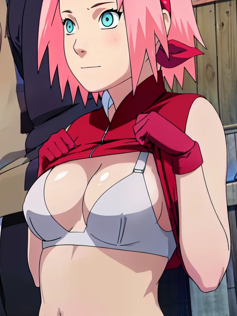 sakura shippuden, Upper body naked、 exposed、Bandaged leg, skirt,bangs, Green Eyes, Big Breasts, Forehead protector, Symbol of Konohagakure, Black gloves, perfection, masterpiece, (highest quality, High resolution:1.2), One Girl, Beautiful details, Beautiful lip detail, Highly detailed eyes and face, Long eyelashes, Moderate:Oil, Vibrant colors, High resolution, Studio Lighting, Ultra-fine painting, Sharp focus, Physically Based Rendering, Very detailed explanation, Portraiture, ((Well-formed fingers)), Bent body, Big Breasts, perfectionな形, In-person audience, Sweatをかいた,  ((Expose、 torn clothes、cloth pieces、White Breath、blush、Embarrassing、Shaking breasts、Bouncing chest、飛び散るSweat、Torn clothes、Both armpits exposed、Raise your arms、Expose、Nipples、Upper body naked、Upper body close-up、Medium sized breasts、Large areola、Sweat、Expose)),  Outdoor、Rocky area、((torn clothes、cloth pieces、White Breath))