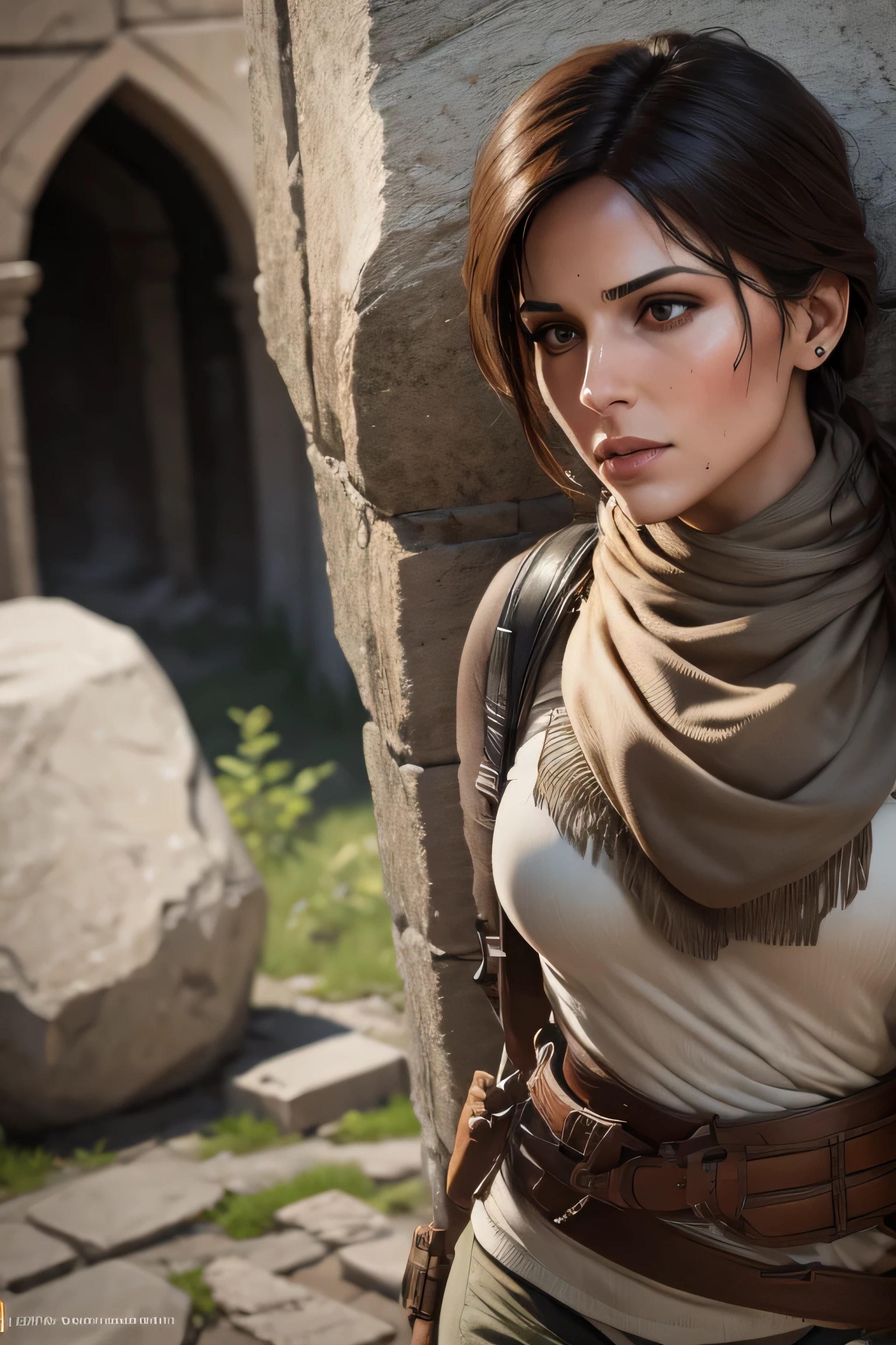 In a desert with a sandstorm, a curvy sexy sweaty woman with black hair and glasses, conan exiles, survival clothing, In the background a strong man in desert clothing can be seen,