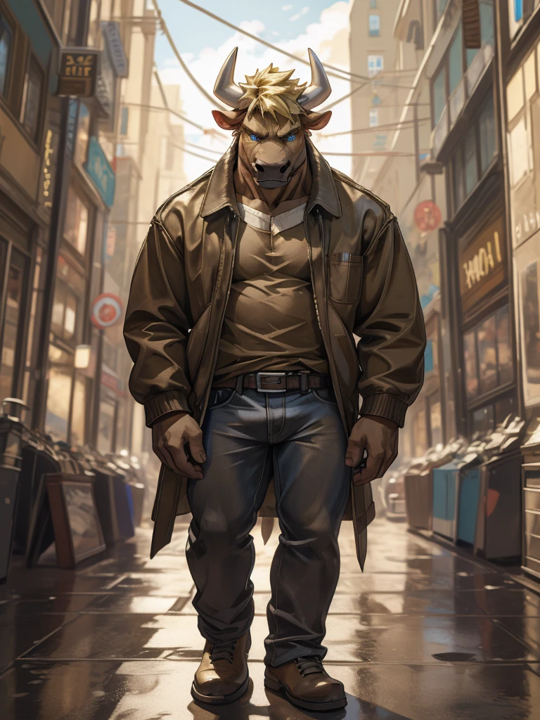 Masterpiece, Solo, (Brown bull, A Pair of white horns, Medium yellow hair), Blue eyes, Muscular Body, Handsome, Good Looking, Adult, Fierce, Smirking, Brown Shirt, Jean, Jacket, Furry Street Background with show the floor,full body.