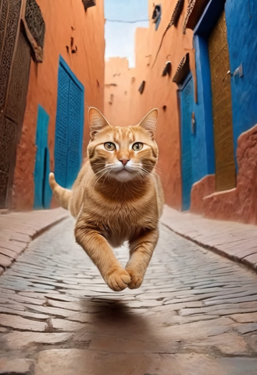 there is a Cat that is running down the street with Moroccan people chasing it, awesome Cat, Highly realistic photos, happy Cat, Cat attacking Marrakech, funny Cat, running Cat, !!! Cat!!!, !!!! Cat!!!!, Highly realistic photos, Real Life Photos, Ultra-realistic painting, Ultra-realistic photos, British Streets, Surreal painting