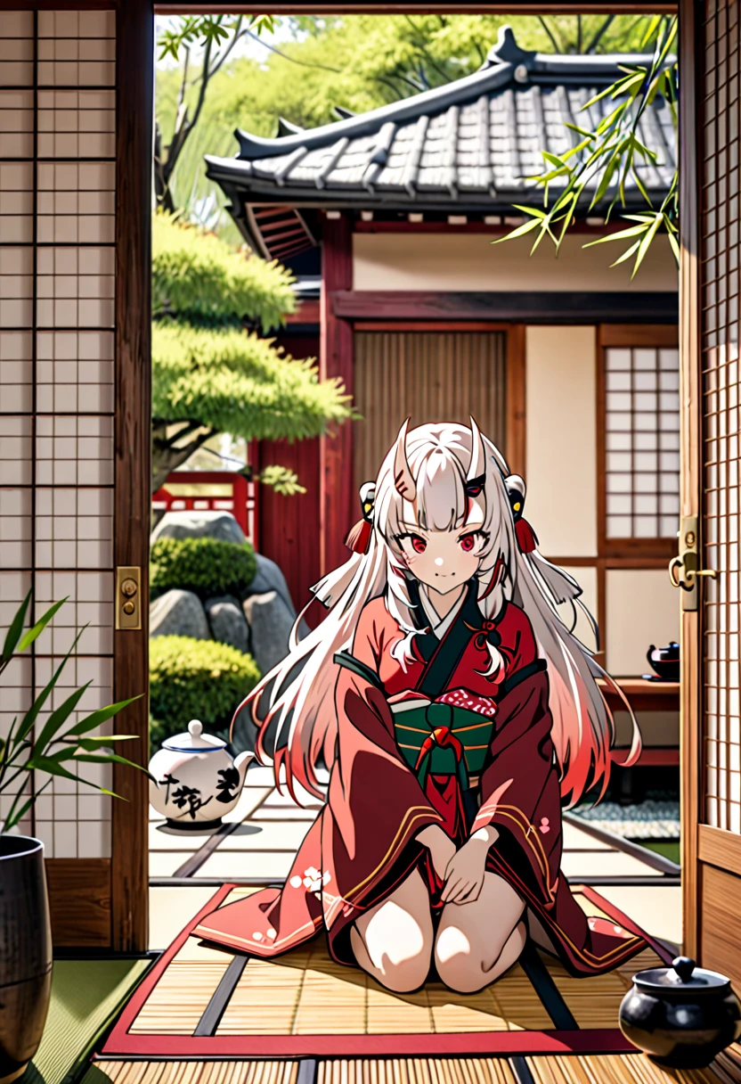 8K Ultra High-Quality, ultra-detailed, High quality, Nakiri ayame, white oni horns, kneeling, tea cup, Japanese house, bamboo mat, full body, opened door, sakura tree background