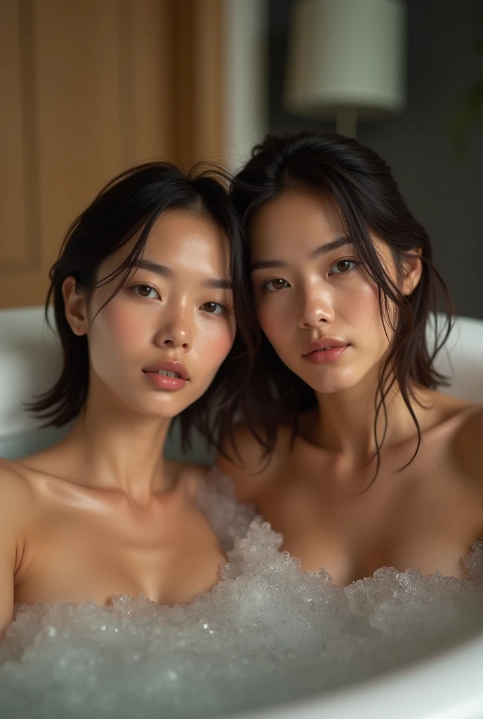 Two Hong Kong sisters in sauna together, very closeup selfie, hug, nude, beautiful face, black straight hair, sweat, soft lighting, hyper realistic, beautiful body