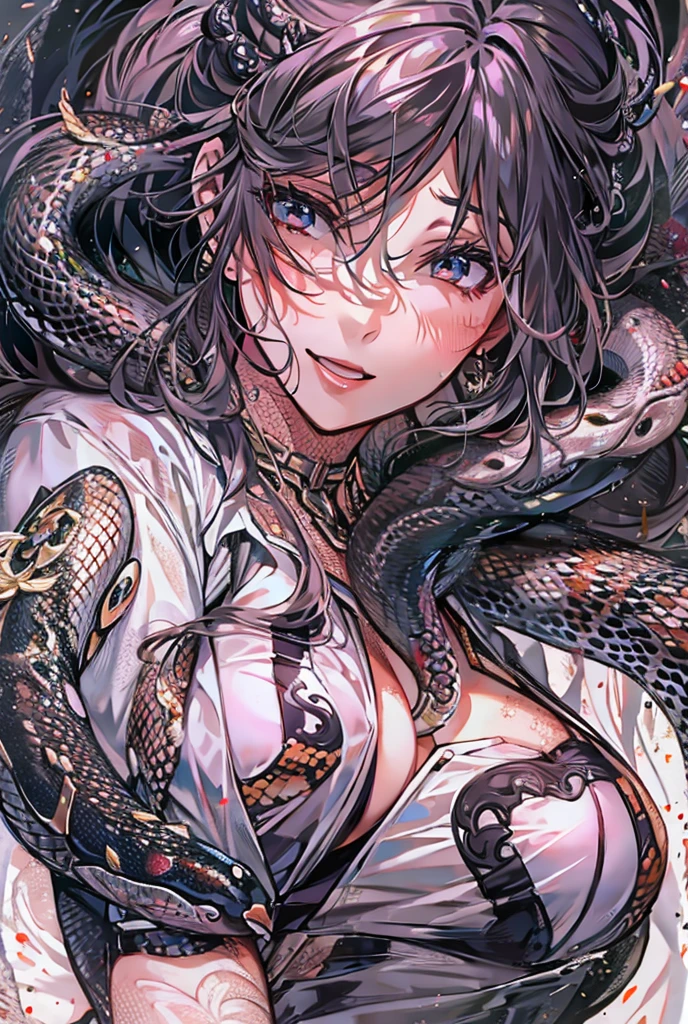 Highest quality, masterpiece, Ultra-high resolution, female、Big Breasts、Snake Beastman、Darkness Fell、Darkness attribute、Sick Heart、Black purple hair、Sick face、Negative aura、Ready your spear、Food、Strange line tattoos all over the body