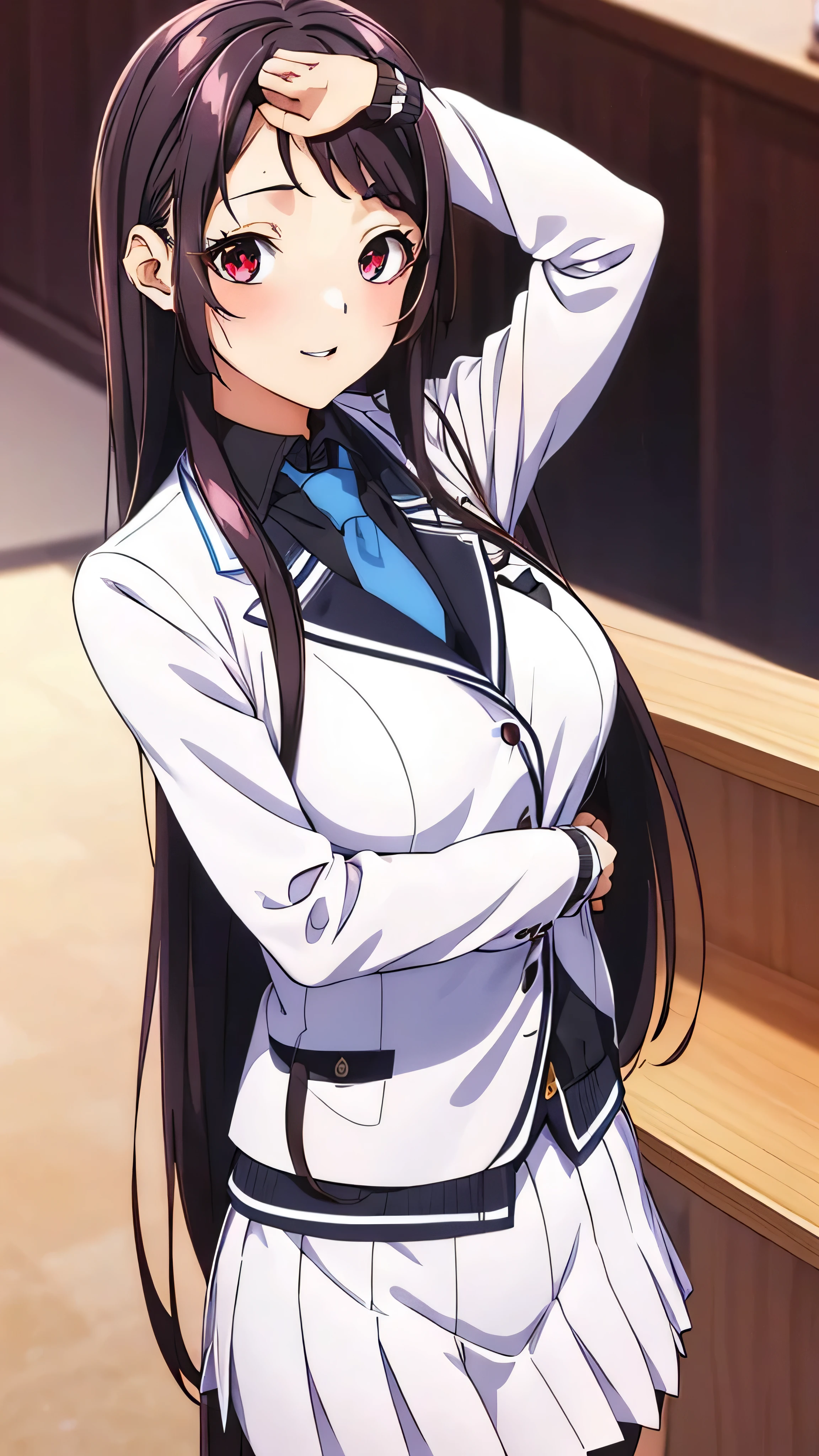 Show your armpits,Kaori Hojo, girl, (masterpiece: 1.1), (highest quality: 1.1), red eyes, long hair, cute smile, blush, parted lips,((school uniform), jacket, sleeve, tie, white skirt), pantyhose, school room, ((cute posing:1.1, looking at viewer:1.1)), (close-up:1.3), gravure,