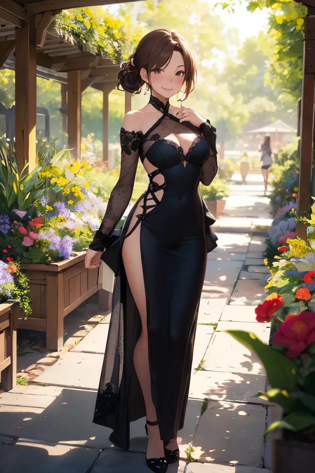 a beautiful young woman, detailed blue eyes, medium length black hair with bangs, highly detailed facial features, detailed skin texture, elegant dress, standing in a lush garden, sunlight filtering through the trees, intricate floral patterns, warm color palette, photorealistic, cinematic lighting, masterpiece, 8K, hyper-realistic