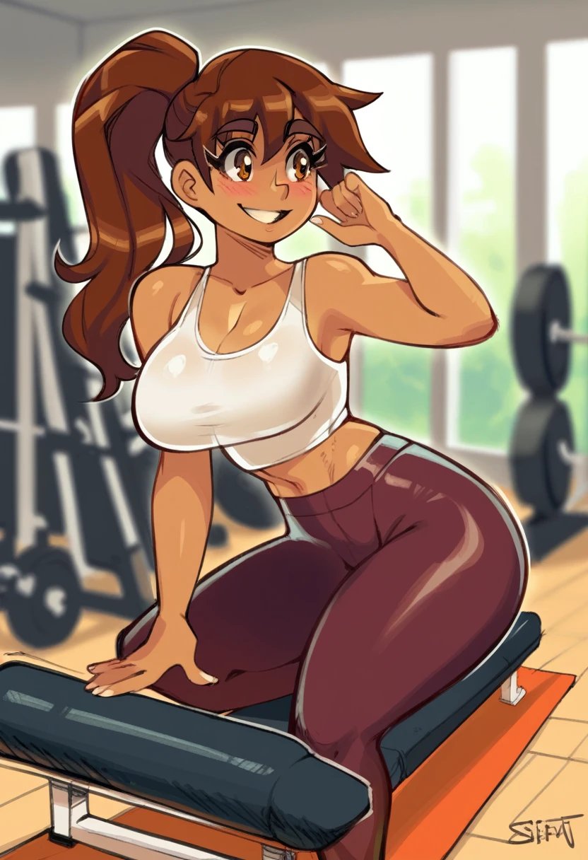 score_9, score_7_up, source_cartoon, depth of field, sidelighting, 1girl, solo, BREAK gym, tank top, yoga pants, smile, daliaet, brown hair, ponytail, brown eyes, eyelashes, long hair, blush, large breasts, blushyspicy