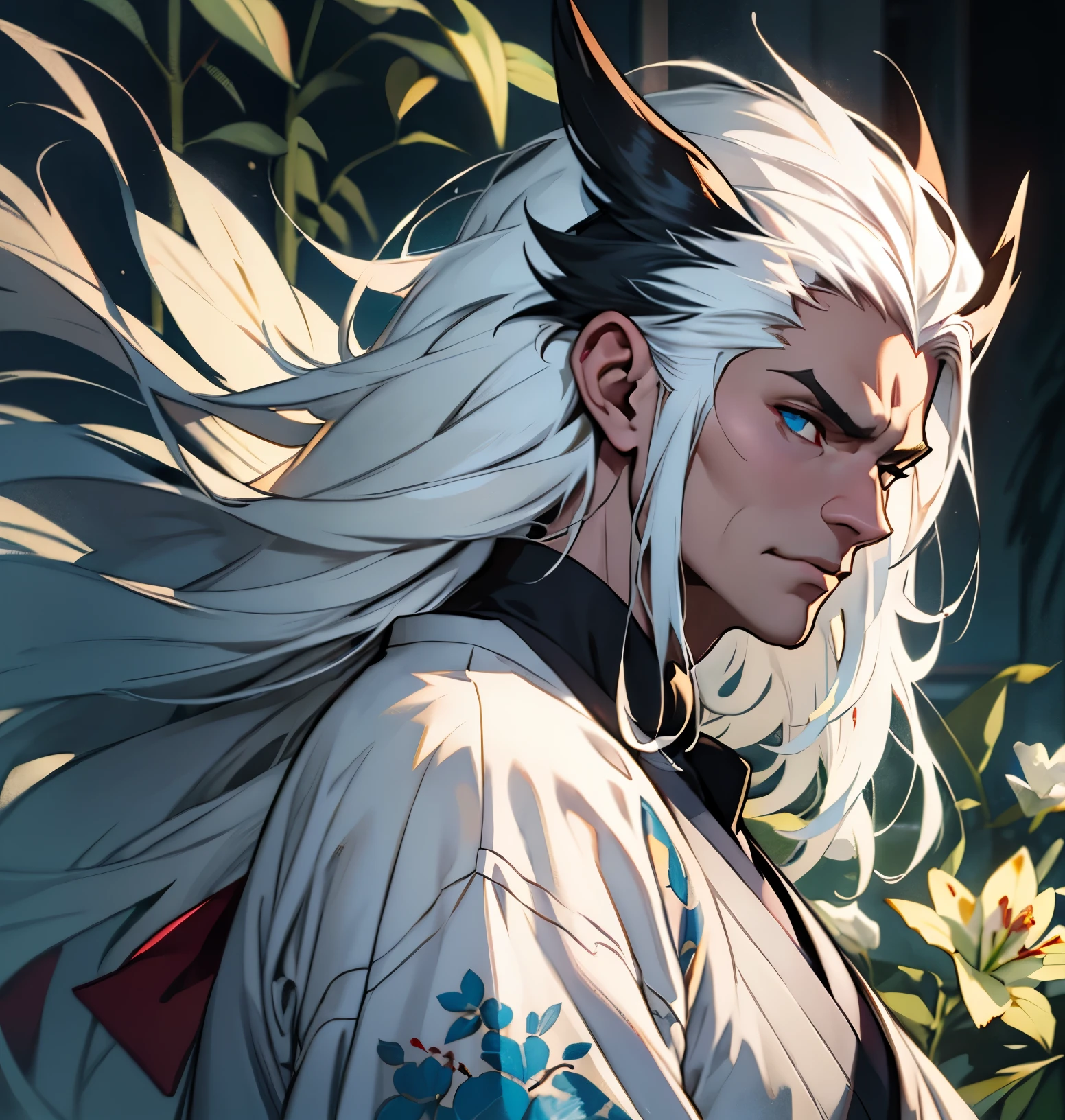 Realistic, (Masterpiece, Top Quality, Best Quality, Official Art, Beauty and Aesthetics: 1.2), (Panorama Composition), Very Detailed, Fractal Art, Colorful, Most Detailed, Zentangle, (1boy:1.3), God, White Hair, Long White Hair, Handsome Man, Sword, Samurai Style, Pectals, Abs, Movie Lights, Magic, Fire Magic, (White Dragon), Dragon Quest,