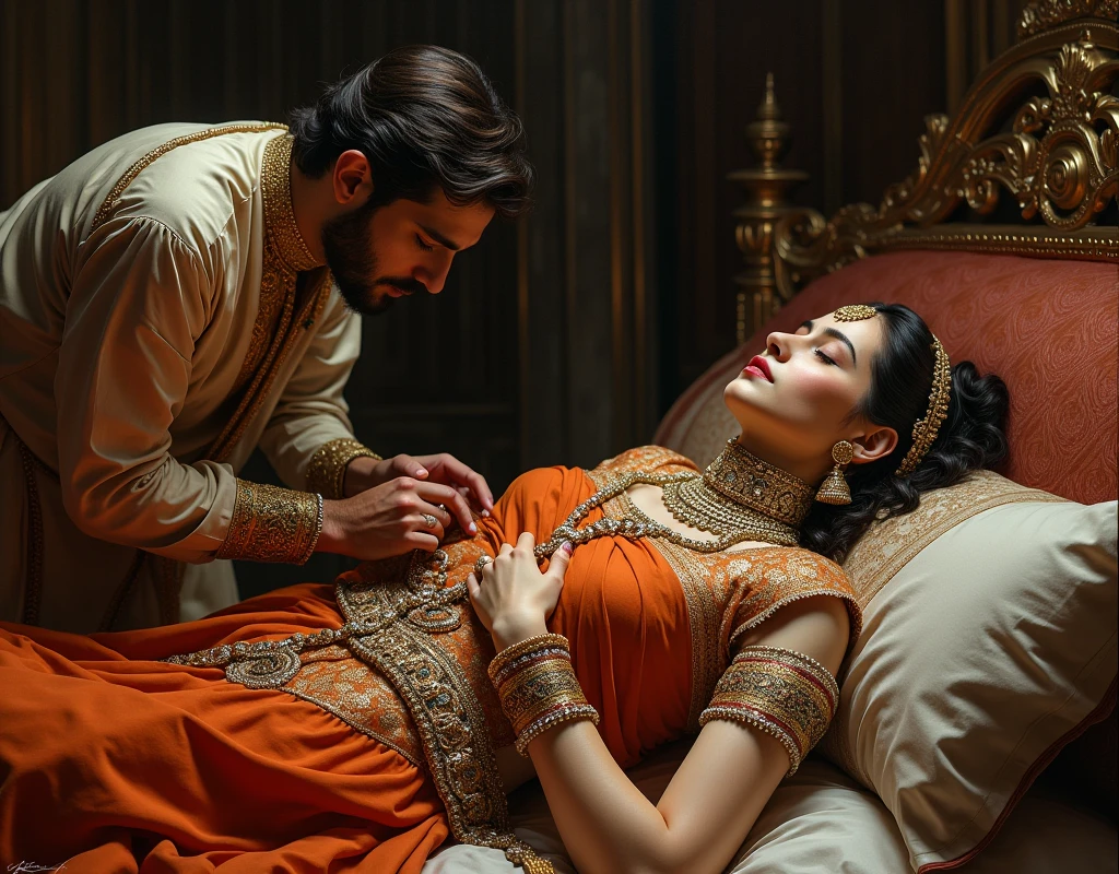 cute young girl freefaller on bed,wearing red sari,golden jewelries,cries in pain,applay sindoor at the beginning or completely along the parting-line of a woman's hair,masculer man,wearing salwar Taqiyah ,hairy body,is on the woman
