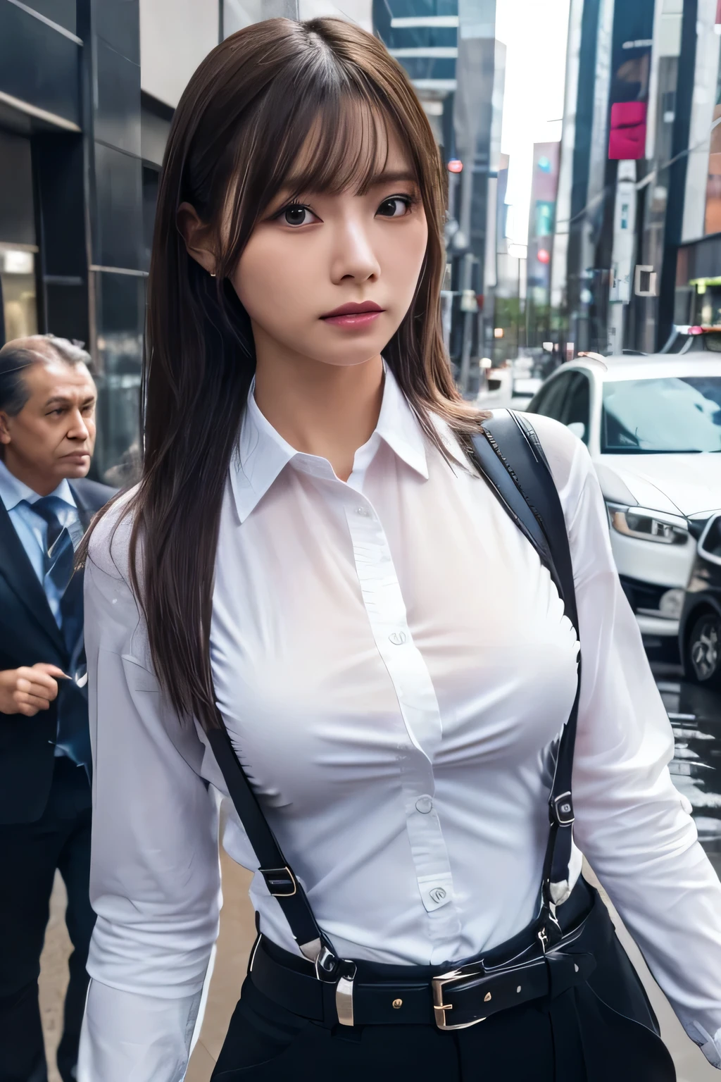 a woman in a suit, belt, hands behind back, sweating, suspenders, black pants, sexly, large breasts, see-through clothing, rain, detective, office worker, white button-up shirt, (best quality,4K,8k,highres,masterpiece:1.2),ultra-detailed,(realistic,photorealistic,photo-realistic:1.37),hyper-detailed,highly detailed face and body, Slender　thin　suspenders　Moderate breasts　See-through shirt　Nipples　holster　chain　Pistol　Armament　criminal　Female criminal　knife　japanese　profile　Japanese women　arrested handcuff　belt
