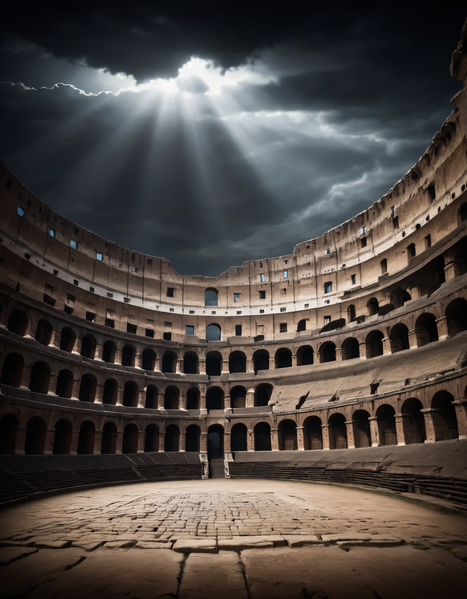 colossal colosseum, ancient roman gladiator arena, massive architecture, gladiator fights, beast hunting, dramatic lighting, highly detailed, cinematic, dramatic atmosphere, moody lighting, chiaroscuro, dark tones, grunge, historical, classical art style, epic scale