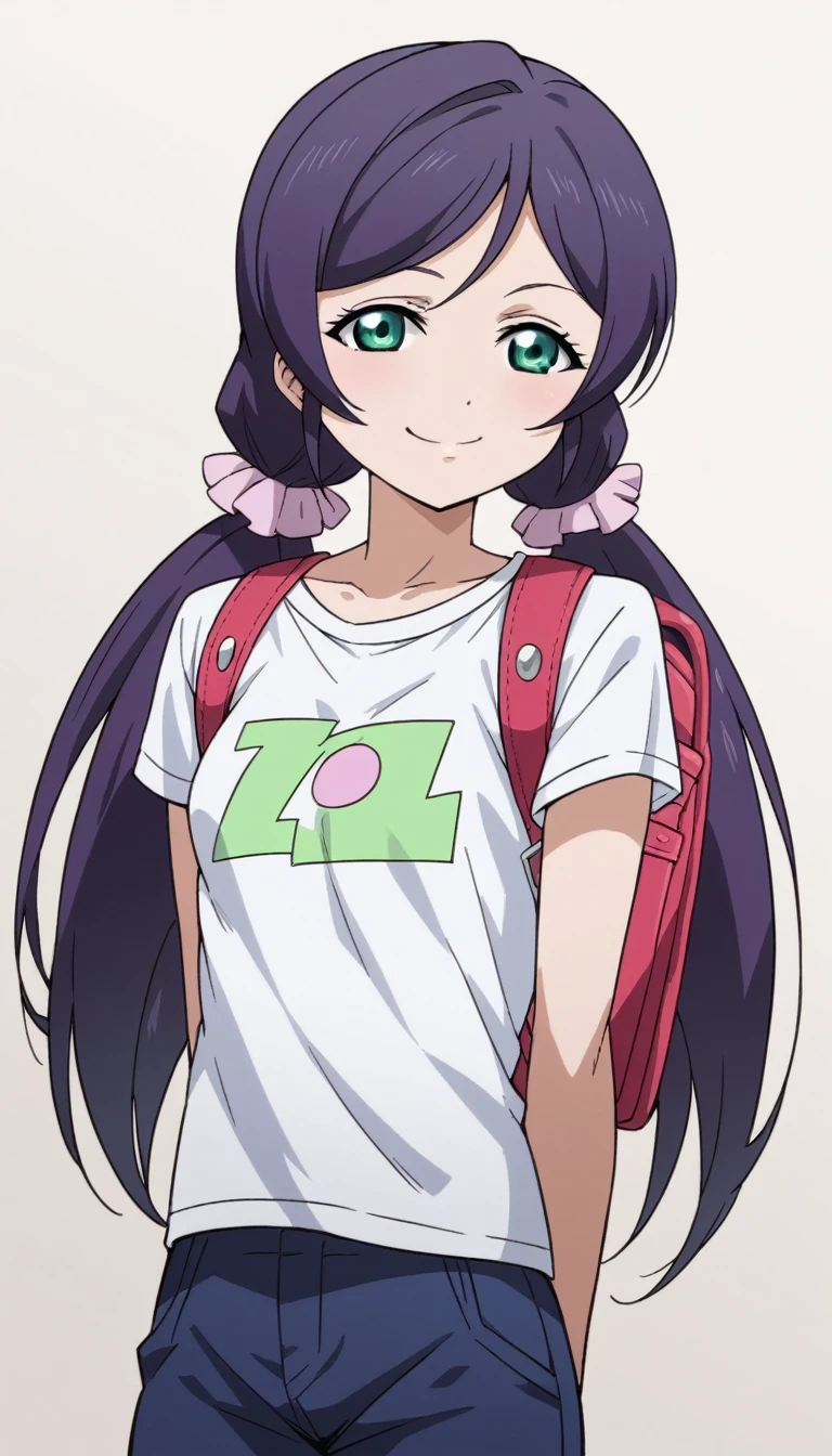 Score 9, Score 8 up, Score 7 up, The evaluation is questionable,
Detailed Background, Glowing Skin,,1girl,nozomi toujou, green eyes, purple hair, twintails, low twintails, scrunchie, long hair,,Small breasts,Not enough people,whole body,thin,Daytime,Anime Style,high quality,masterpiece,Very detailed,girl, Flat Chest, Girl, Cheeky , point, 最high quality, so beautiful, Very detailed, From before,School zone,T-Shirts,hot pants,carrying randoseru backpack,Small breasts,full body,,short of a person,thin,smirk,