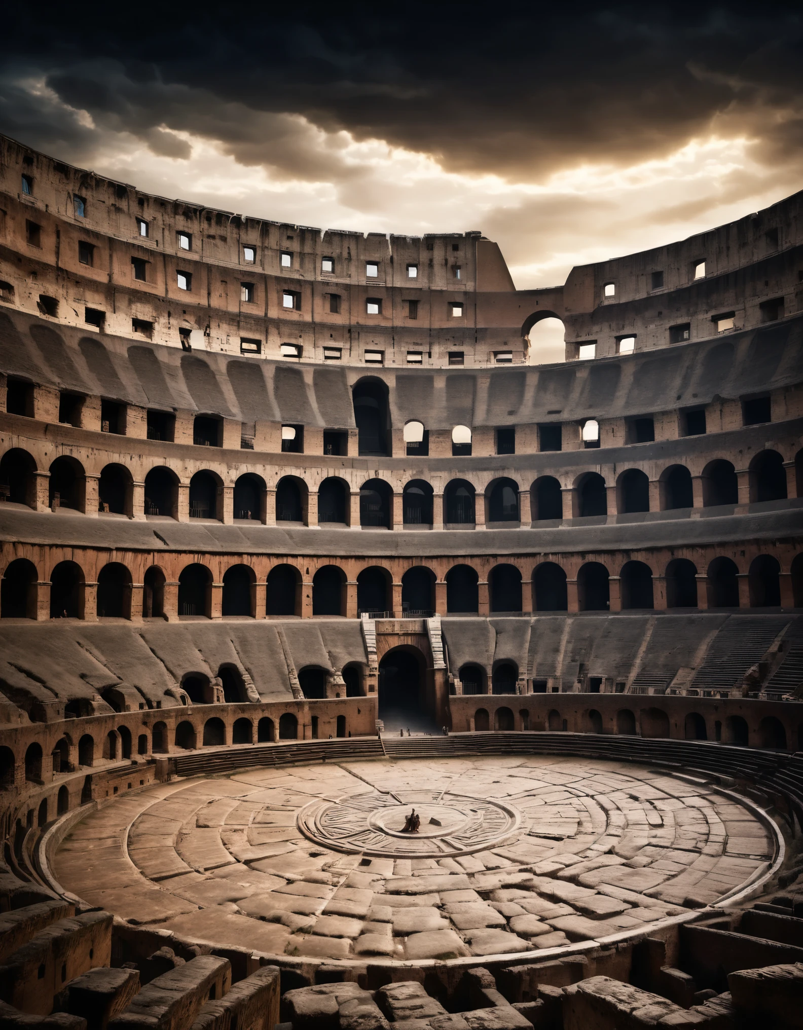 colossal colosseum, ancient roman gladiator arena, massive architecture, gladiator fights, beast hunting, dramatic lighting, highly detailed, cinematic, dramatic atmosphere, moody lighting, chiaroscuro, dark tones, grunge, historical, classical art style, epic scale