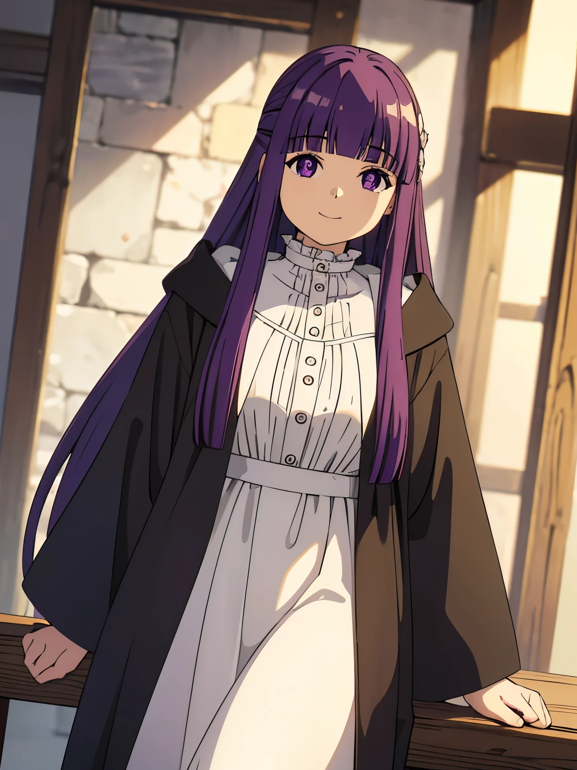 (masterpiece:1.0),(Highest_quality:1.0), (High resolution),(4K,Super detailed), (photograph), (8K), (High resolution), (High resolution), (Fern), One girl, (purple Hair), (Long Hair), (purple eyes), (Blunt bangs), (Side Lock), (Half Up), (bright eyes), (hair ornaments), (normal weight: 1.3)
(Black Robe), White Dress, Ruffled collar,Center frill, button, Wide sleeves, ong sleeve, Curvy, Cowboy Shot, smile, View your viewers, Perfect lighting, Blurred Background