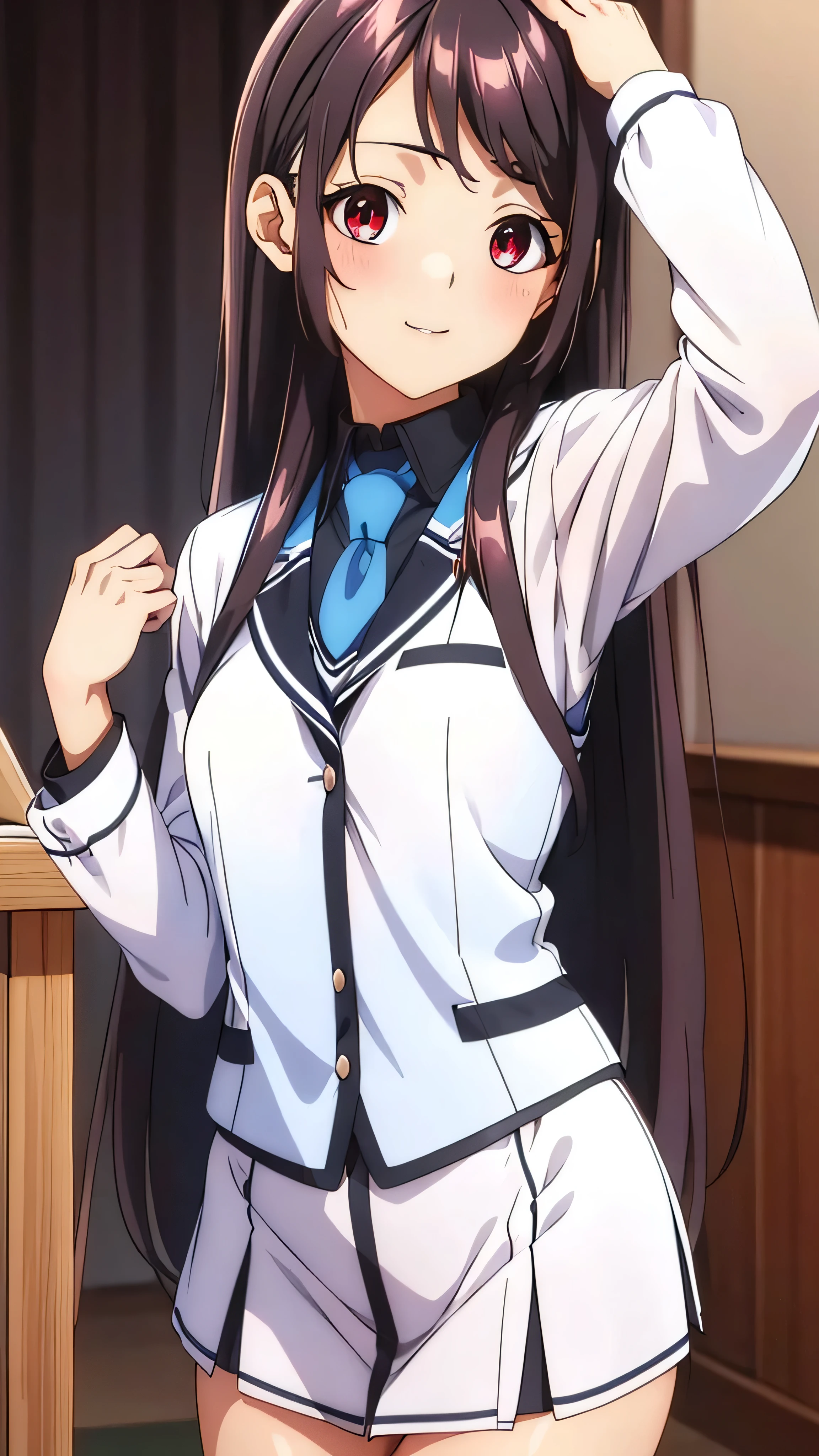 Show your armpits,Kaori Hojo, girl, (masterpiece: 1.1), (highest quality: 1.1), red eyes, long hair, cute smile, blush, parted lips,((school uniform), jacket, sleeve, tie, white skirt),  pantyhose, school room, ((cute posing:1.1, looking  at viewer:1.1)), (close-up:1.3, cinematic angle), gravure,