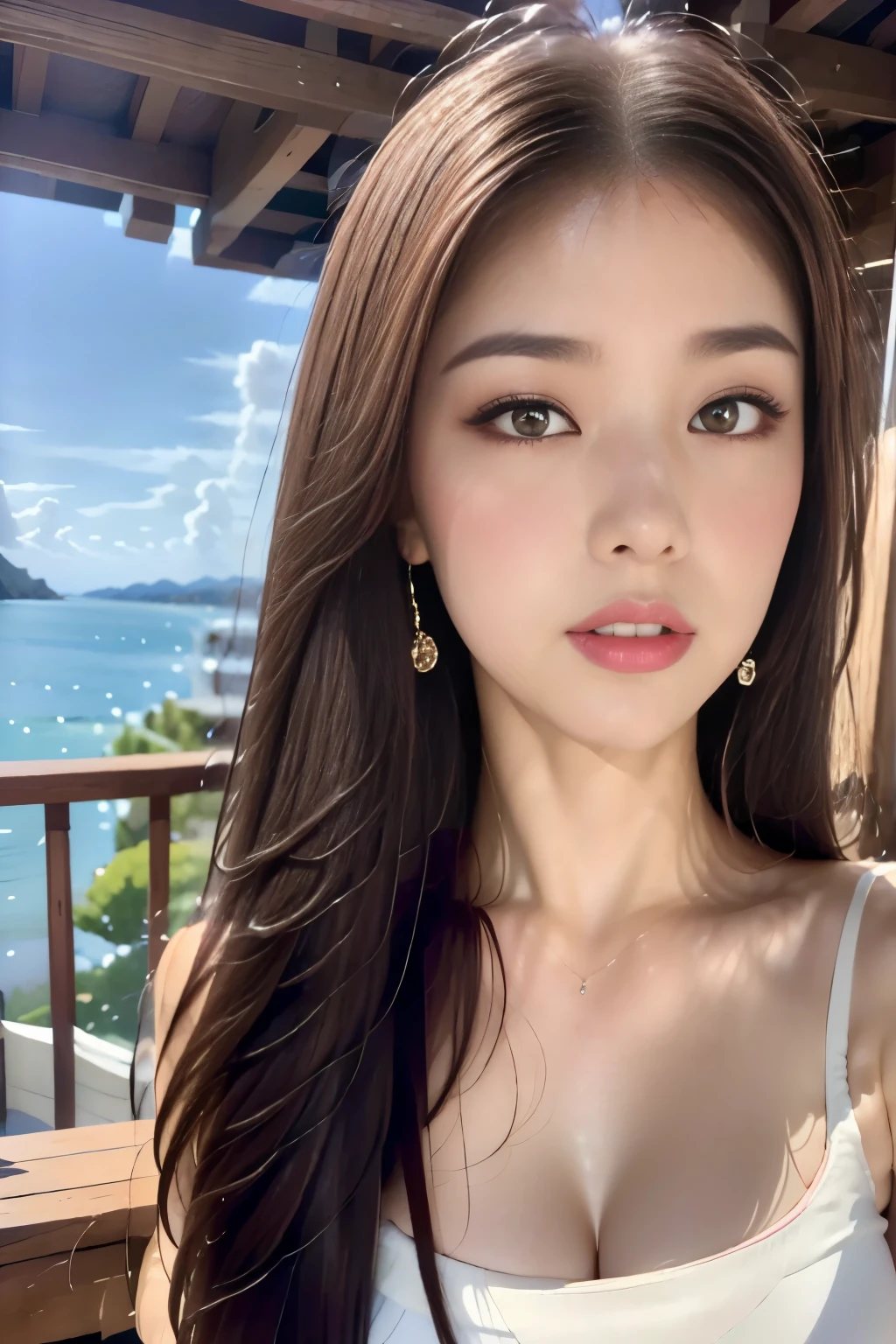 Highest quality, 8k, masterpiece :1.3,One Girl,With tears,Asking for a kiss,Stare,Pink blush:1.2,blush:1.2,Dynamic pose,Red lipstick:1.2,Dark lipstick:1.2,Slim face, Beautiful woman, Big Breasts:1.3,double eyelid,The Alps,Takayama,balcony, summer,(Looking into the camera),Violet dress,masterpiece: 1.3,Maximum resolution: 1.4, Cinematic Light, Detailed eyes and skin, (Features of detailed face), 8k解像度, Perfect Style, Beautiful expression，Highly detailed face and skin texture,pale cheeks,Pure white skin:1.5,Glossy Lips:1.2,((Very close:1.2)),Straight Long Hairstyles,Black Hair,175cm,High heels