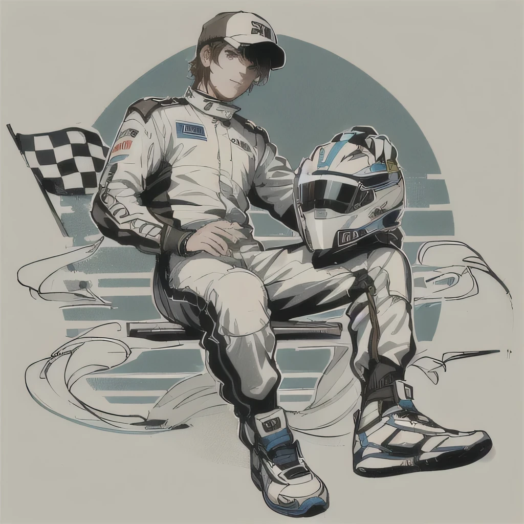 The drawing depicts a racing driver sitting confidently, holding a helmet on his knee. The rider is dressed in a detailed racing suit with padding and prominent straps, complemented by sturdy running shoes. The background features a bold, graphic design with a checkered flag pattern on the left, indicative of a running theme. Artistic swirls and a stylized, the circular setting accentuates the dynamic and energetic mood of the illustration. The light appears uniform, with soft tones contributing to a balance, focused atmosphere.