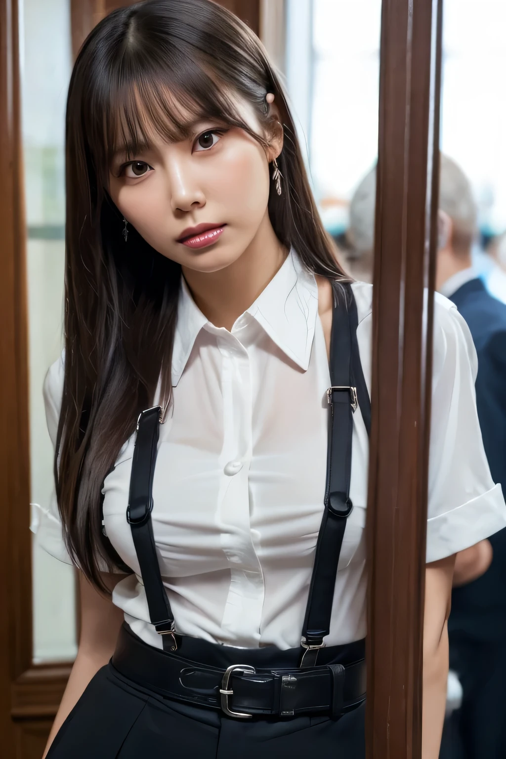 a woman in a suit, belt, hands behind back, sweating, suspenders, black pants, sexly, large breasts, see-through clothing, rain, detective, office worker, white button-up shirt, (best quality,4K,8k,highres,masterpiece:1.2),ultra-detailed,(realistic,photorealistic,photo-realistic:1.37),hyper-detailed,highly detailed face and body, Slender　thin　suspenders　Moderate breasts　See-through shirt　Nipples　holster　chain　Pistol　Armament　criminal　Female criminal　knife　japanese　profile　Japanese women　arrested handcuff　belt
