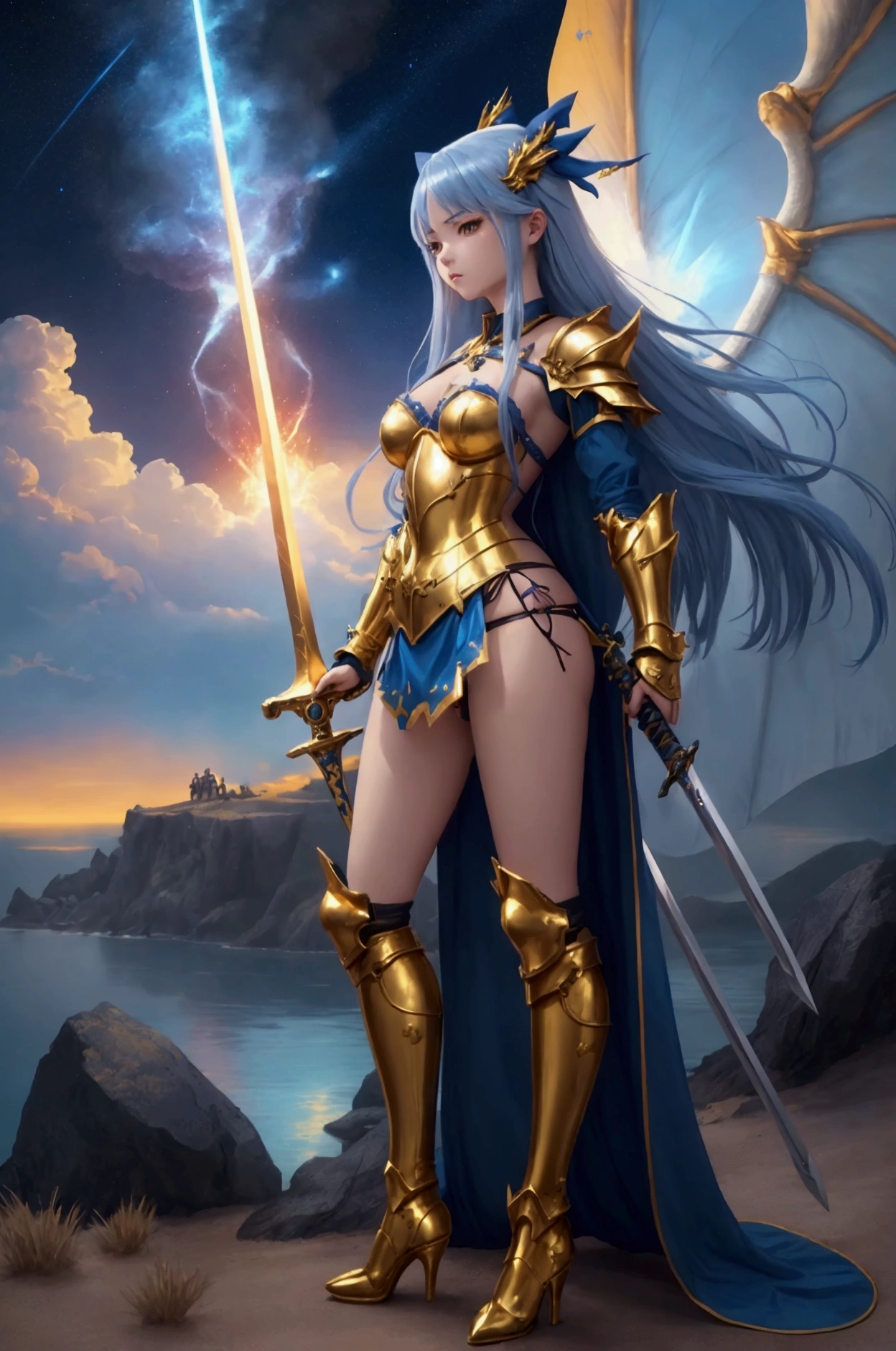masterpiece, Highest quality, Beautiful and sexy, ((From below)), (1 female), ((alone)), Excellent costume design, Seductive pose, charm, Dark blue eyes, (((Open your legs and raise your knees))), (real chest), (8k Full Body RAW Photo), (Highly detailed skin: 1.2), (See-through black leotard),((Oily skin)), Captivating look, Highly detailed face, fine grain, ((Sweaty body)), In the forest at night,1 Girl Umi Ryuzaki Hairband, (((Big Ass))),(((Very muscular and thick thighs))),Thigh gap,(((Narrow waist))),Standing with her hips sticking out and her pubic hair pointing towards me, ((cameltoe)),Metal chest armor. Pauldrons,White metal knee boots, (Realistic:1.0),Front view,1girl umi ryuuzaki hairband headgear, blue armor shoulder armor blue cape elbow gloves leotard white thighhighs(((Standing with hips thrust forward and pubic hair facing the viewer))), ((cameltoe)),Metal chest armor. Pauldrons,White metal knee boots, (Realistic:1.0),Front view,1girl umi ryuuzaki hairband headgear, blue armor shoulder armor blue cape elbow gloves leotard white thighhighs,Pubic hair protruding from the gap in her leotard、Fighting with a rapier,