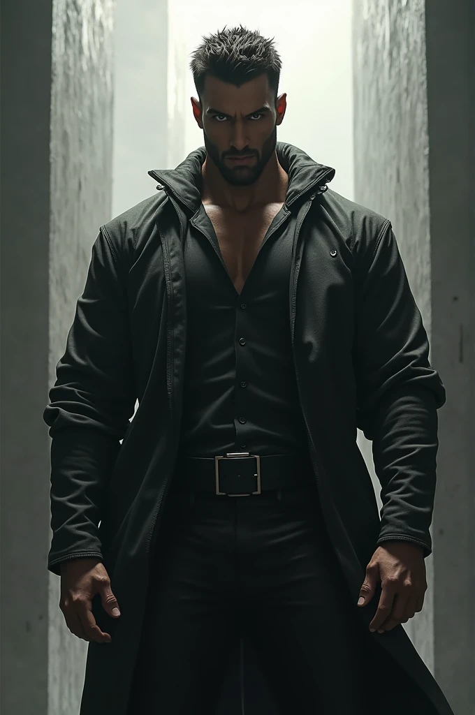 1 men, handsome american man, sitting down, focus only, 25 years old, toned body, short goatee, medium black hair, intricate assassin costume, with a black cape on one shoulder, with some broken armor pieces on the body, Lean and muscular body, dark shaped eyes, work of art, ultra HD, 8K detalhes insanos, realisitic, face detailed, Detailed texture skin, nblurry background, 8K, cinematic lighting. He is in an abandoned place, little empty place, with several boards nailed to the windows to prevent people from seeing through them, sld is in an abandoned office room with 1 table and 1 worn-out cabinet, ele esta sitting down. Ultra HD scenery, 8K