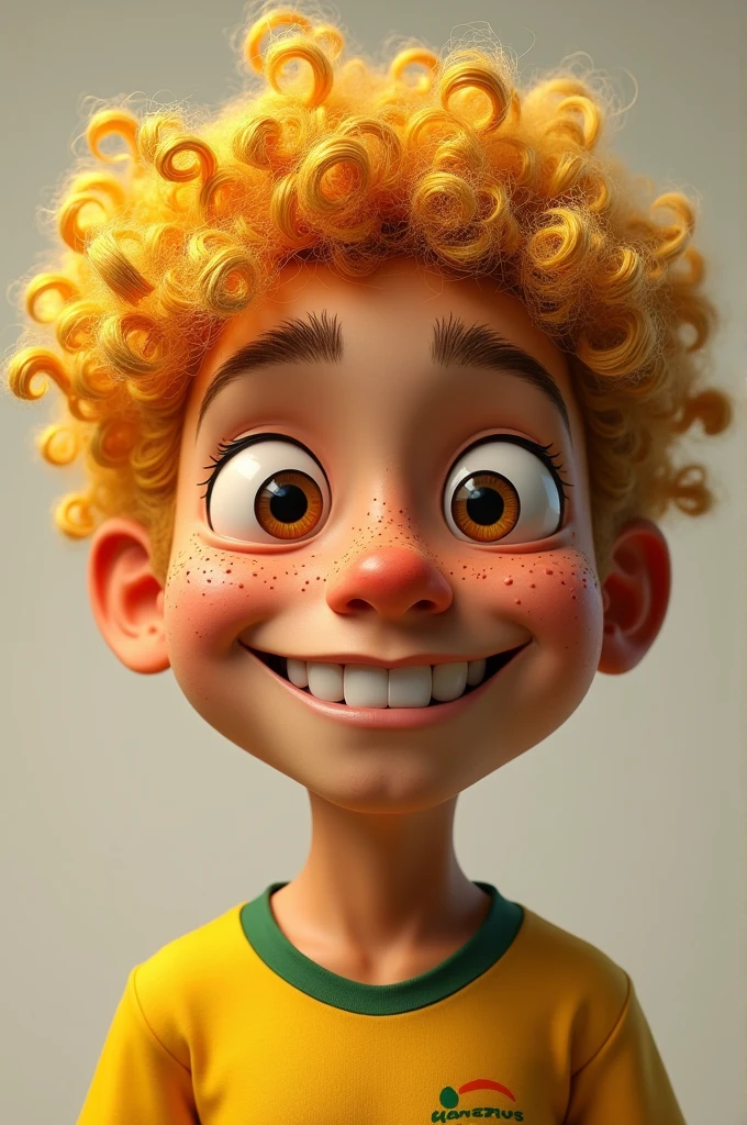 A freckled red-haired boy with an afro and dark skin.