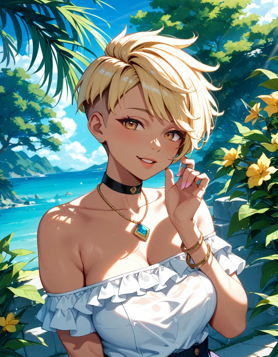 (Highest quality, 4K, 8k, High Resolution masterpiece:1.2), Very detailed, Picturesque, Anime-style photos, Photo Animation:1.37)、a beautiful girl、(blonde Hair)、(pixie cut)、tan、Black choker、pierce、necklace、bracelet、