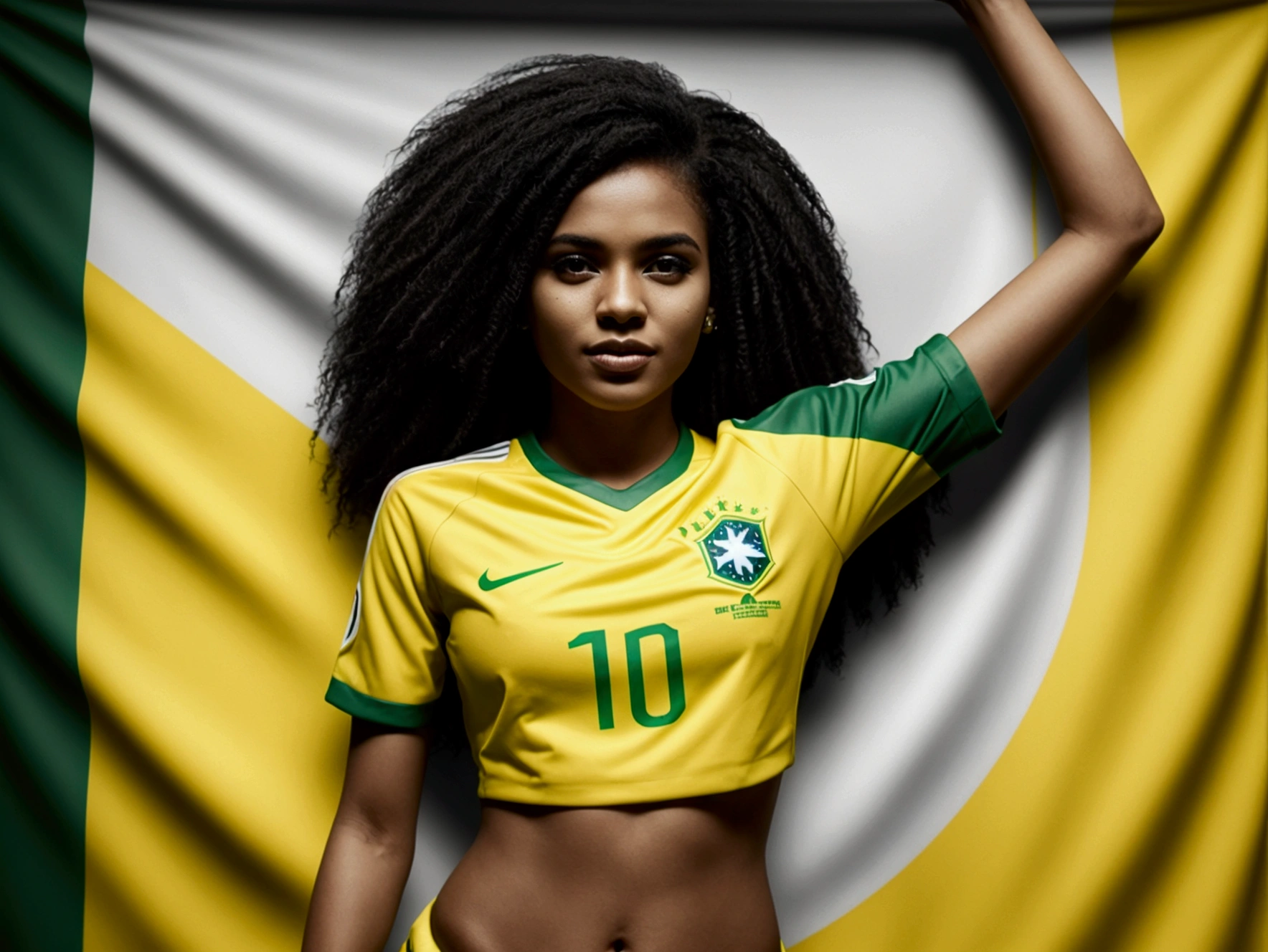 Black and white diverse people with brazil shirt and brazil flag with green image background 