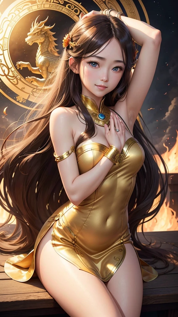 young girl, brown hair, Two buns, golden eyes, Tiger ears, Chinese yellow and blue dress, Shorts, Ironbound Bracers, Winks, Smile, Masterpiece, hiquality