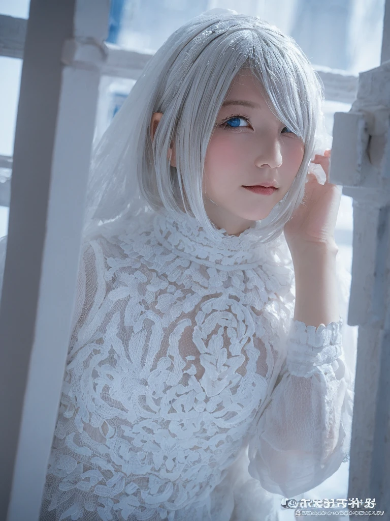 ((High quality)),masutepiece,(Detailed depiction of local details:1.2),1girl in,Blue eyes,large full breasts,Closed mouth,Eyelashes,Looking at Viewer,Portrait,Solo,Upper body,White hair,White theme,Short hair,Silver hair,shairband,Yorha No. 2 Type B,