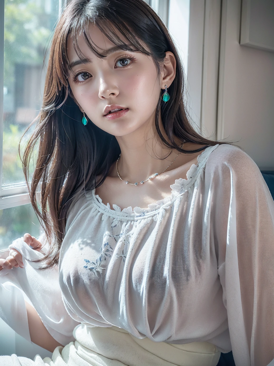 White camisole,Small breasts, (((とてもエレガントでbeautiful, Perfect detail, Very detailed))), whole body, The most detailed girl, Written boundary depth, 美しくdetailedなwhole body, Thin legs, 1 person, 30 years old, Very short hair, Spiked Hair, Gray and silver hair, beautiful detailed hair, Perfect Face, Expressionless, beautiful, detailed, Deep Eyes, Open your mouth a little, Delicate arms and hands, Pale skin, Earrings, beautiful and gorgeous necklace, Colorful background, HD background, Blurred Background, とても繊細でbeautiful, masterpiece, (((Highest quality, とてもbeautiful8K CG壁紙))), (((Medium Hair))), (Inside the room,Stylish white interior,window)、Glowing Skin、Shiny Hair、