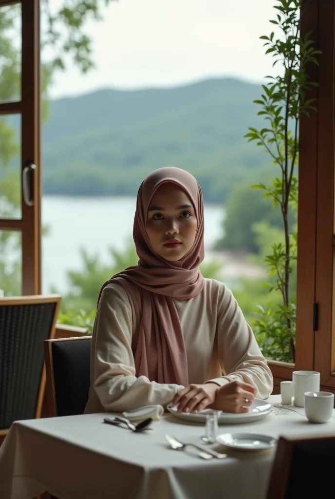 20s asian beuaty woman natural white skin sitting at an outdoor mountain top café on a breezy spring day,wearing hijab.Bright sunlight streams between the canopy's delicate vines, casting wavering shadows on the woman's face . The natural view from the top of the hill adds to the beautiful impression ,On the table,sunlight glints off the polished metal napkin holder and glass vase a plate of typical Indonesian food , enjoying the murmur of conversation around her and the light breeze ruffling her hair, sharp focus, graceful smile , graceful pose , high-quality , exotic , vibrant, tranquil , Canon EOS 6D Mark III , ultra detail mountain background , ultra detail ,hight resolution , 