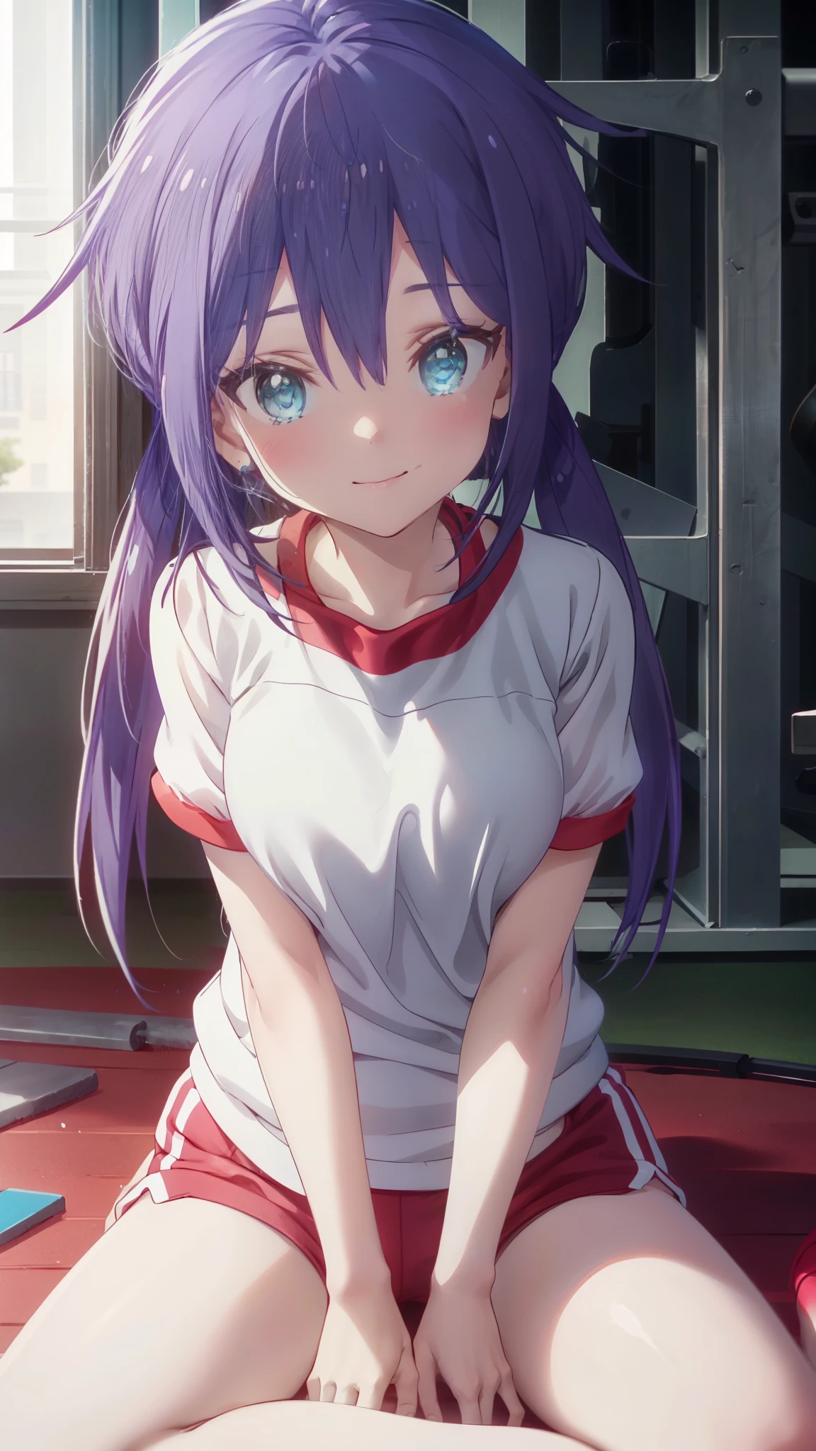 Ao Manaka, long hair, blue hair, (blue eyes:1.5), smile,smile,(Gym clothes with short sleeves:1.5), Gymnastics, (Girl wearing gym clothes), (Girl in gym clothes), Sportswear,shorts,The front is open,barefoot,window　building street,Sunlight through the gap between buildings,morning,sunrise,sitting on the floor,
BREAK indoors, living,
BREAK looking at viewer,
BREAK (masterpiece:1.2), highest quality, High resolution, unity 8k wallpaper, (figure:0.8), (detailed and beautiful eyes:1.6), highly detailed face, perfect lighting, Very detailed CG, (perfect hands, perfect anatomy),