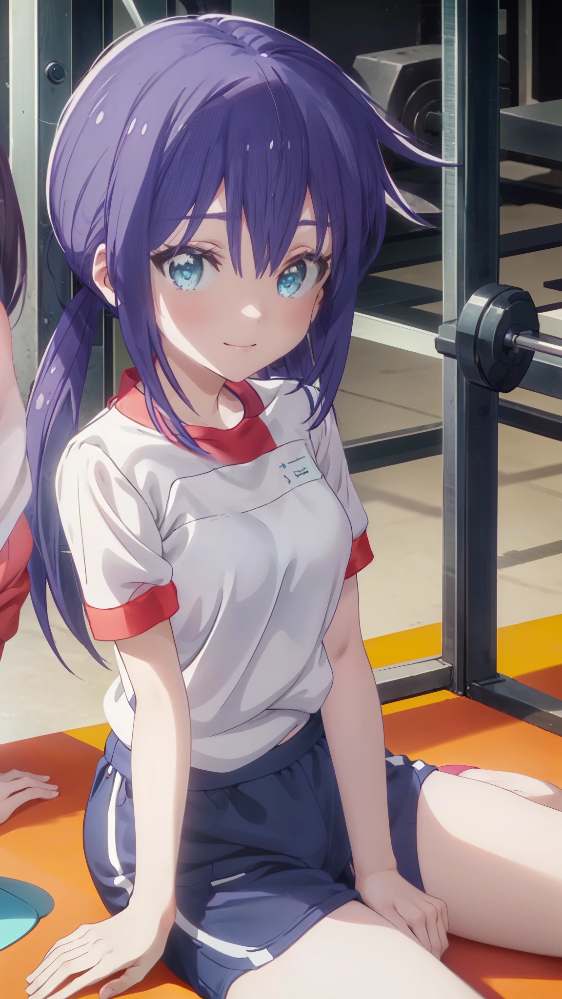 Ao Manaka, long hair, blue hair, (blue eyes:1.5), smile,smile,(Gym clothes with short sleeves:1.5), Gymnastics, (Girl wearing gym clothes), (Girl in gym clothes), Sportswear,shorts,The front is open,barefoot,window　building street,Sunlight through the gap between buildings,morning,sunrise,sitting on the floor,
BREAK indoors, living,
BREAK looking at viewer,
BREAK (masterpiece:1.2), highest quality, High resolution, unity 8k wallpaper, (figure:0.8), (detailed and beautiful eyes:1.6), highly detailed face, perfect lighting, Very detailed CG, (perfect hands, perfect anatomy),