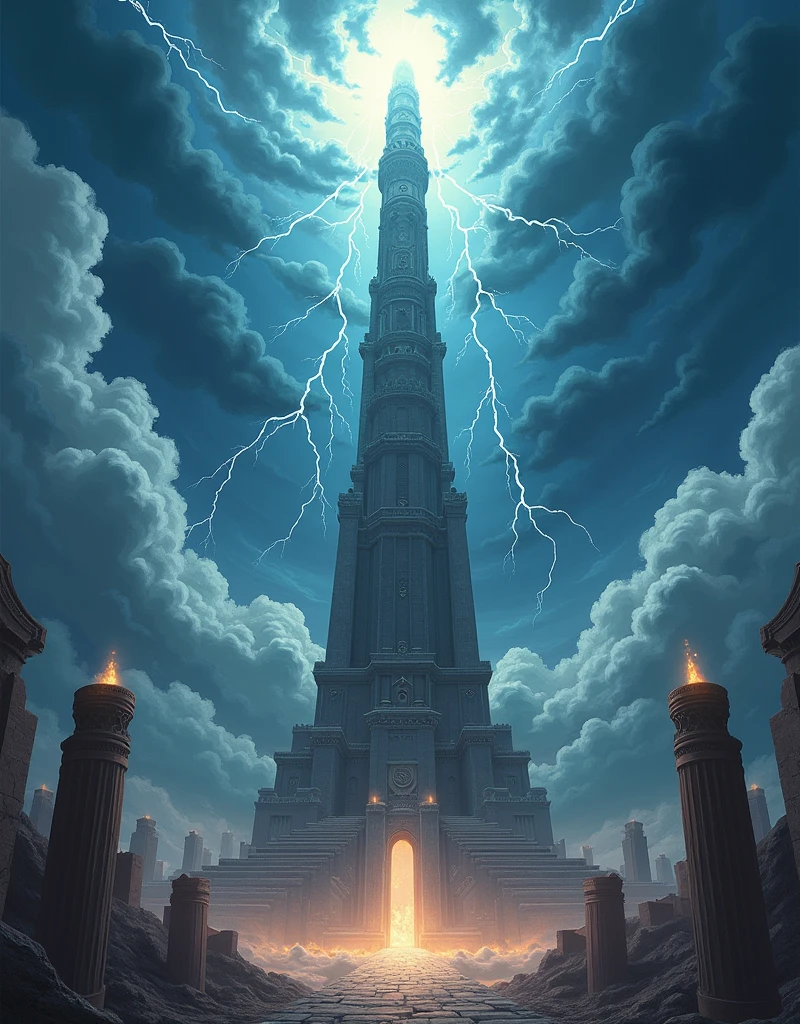 (Highest quality,Extremely detailed depiction,Incredible high resolution),ancient architecture,Tower of Babel:1.5,A tower reaching to the sky,Wrath of God,thunder,High quality anime drawings