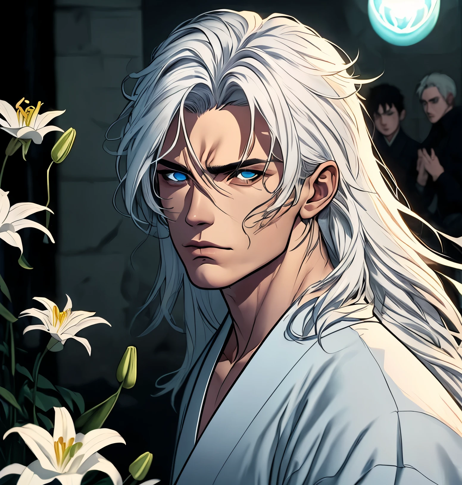 (man, long white hair, white kimono with lilies, white skin, blue eyes, death, battle fan, skinny, pronounced cheekbones, japanese mythology, surreal, dramatic lighting, moody atmosphere, intricate details, hyperrealistic, 8k, high quality, masterpiece, anime style, cinematic), Длинные волосы, Высокое разрешение, Голубые глаза, Простой фон, Очень длинные волосы, бледная кожа, серьги, простой фон, детальные глаза, плавающие волосы