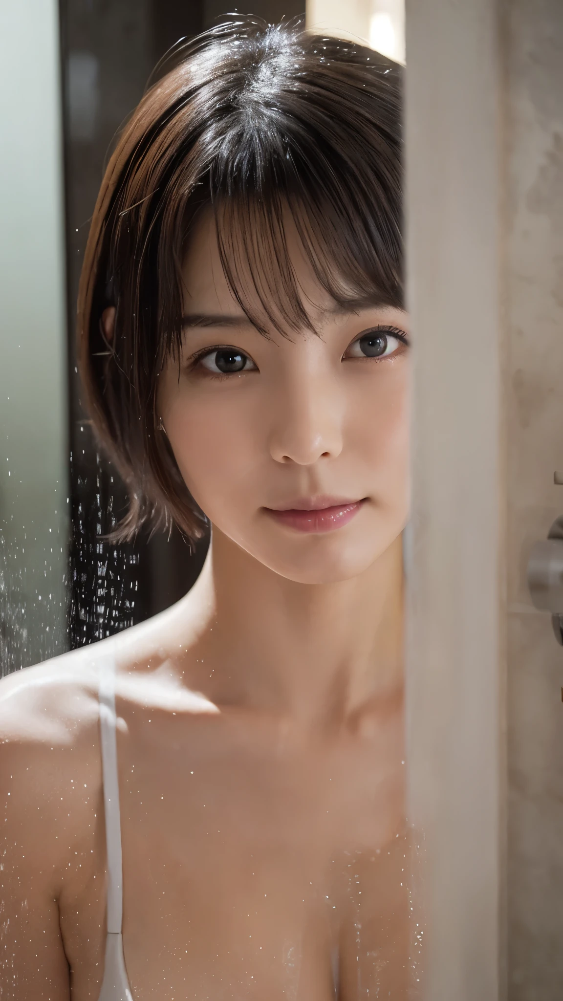 (masterpiece, One girl, Japanese, 4, Short black hair, (Relaxed facial expression), Luxury hotel room shower, I take a shower、Looking at the camera、(Elegant lighting)
