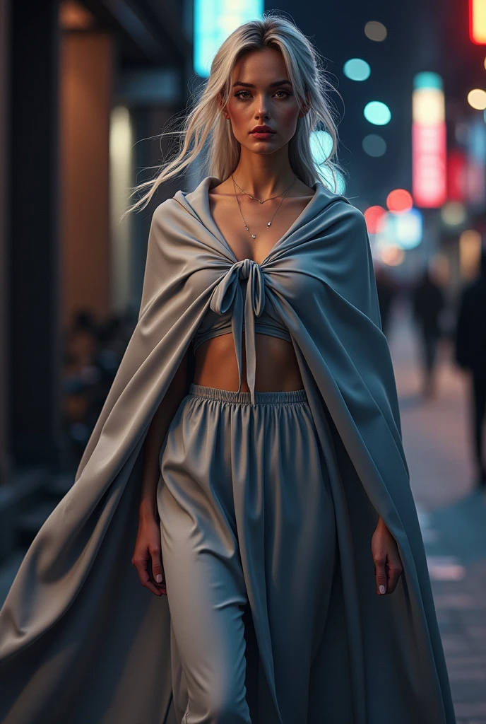 (RAW Photo) , (highly detailed:1.20) , ultra realistic :1.10) ,sexy girl in her 20s , (perfect face:1.20) , (detailed red pupils :1.20) , with long silver hair in ponytail , (((long silver satin cape tied at the neck with a ribbon :1.20))) , maxi skirt , full body, walking down street at night , high-quality ultra realistic style, detailed eyes, professional, expressive , 8K , highly detailed , professional,