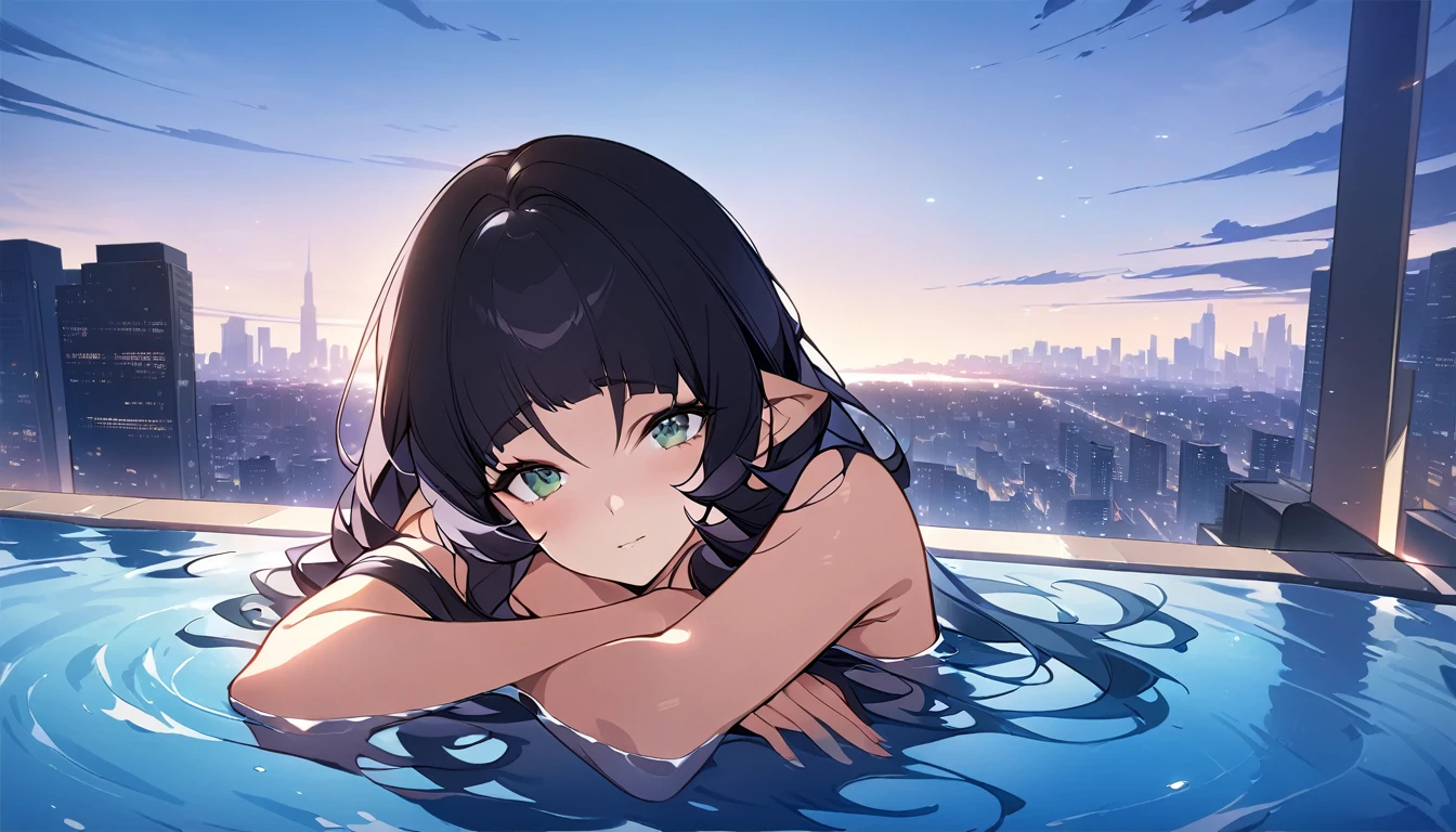 Beautiful girl kissing boyfriend in night in pool