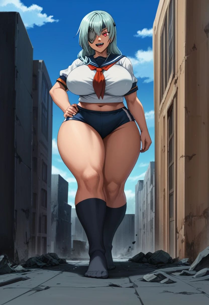 8K, ultra-detailed, detailed face, detailed eyes, retro anime style, cartoon style, front view, ground view, dynamic effect, dynamic shot, 

athletic curvy physique, inverted body type, attractive feminine curves, big breasts, curvy legs and arms, feminine curvy figure, (thick thighs, thick calves, thick voluptuous legs, big curvy hip, bare knees), ((style of plump voluptuous body)), 

navy over-the-calf socks, navy track buruma, white sailor uniform, white short-sleeved sailor shirt, high socks, 
light blue long hair, red glowing eyes, one eye covered with eyepatch, 

1 beautiful giant woman, looking down with evil smile, smirk, (elegantly walking on road between buildings, chasing small people around his steps, looking down people around his foot, put hand on hip, holding long sword in another hand, crossed legs, size difference), rampage, corrupted city, destroyed buildings, corrupted buildings, rolling rubble dust up, her foot crushing mini people on the ground, crushed mini people under her foot, scattered rubble around her feet, towering, overwhelming, terrible, stepping, footprints, destruction, ruins, looming,  drooling from open mouth, teeth, with tiny people, 

giga size, david, JK, 