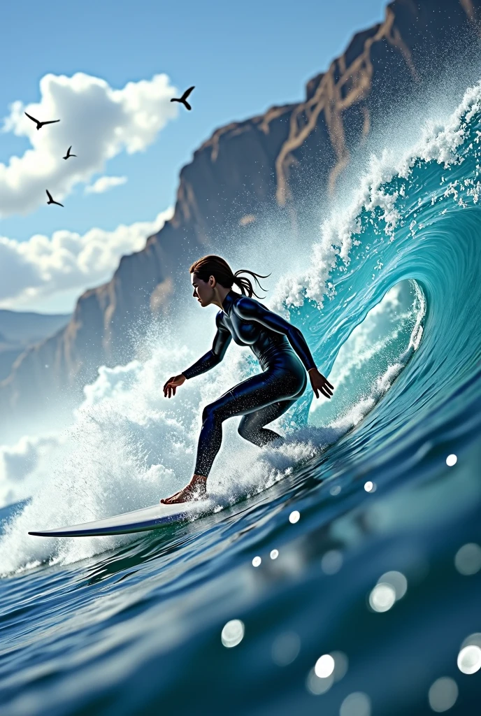 Surfer wearing surfboard.Wear professional gear.When the wave takes shape,Quickly stand on the surfboard and maintain balance.,Flexible control of the direction and speed of your surfboard.Beautiful and extremely textured foreground and background,detailed, bright, Animation style high definition and high quality presentation((Masterpieces in up to 16K resolution):1.6),((soft_color_photography:)1.5), ((Super detailed):1.4),((Typical static images and dynamic angles):1.3), ( perfect anatomy )Complex patterns, soft shadows, highly detailed structures, digital art, high detail,