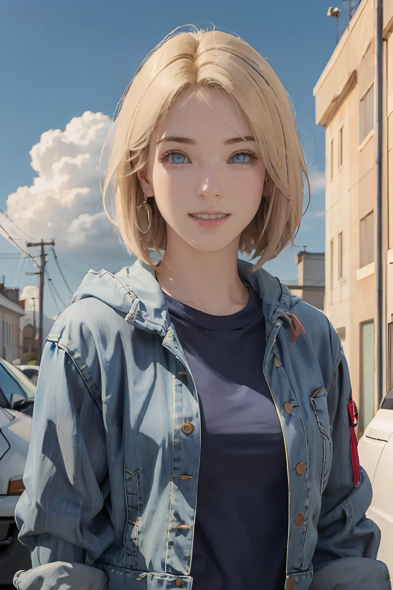 1 girl, alone, Android 18, blonde hair, blue eyes, short hair, decorations, earring, smile, jacket, look to the side, Denim, Denim jacket, upper body, underwear, gag, cloud, sky, day, look away, blue sky, collarb one,