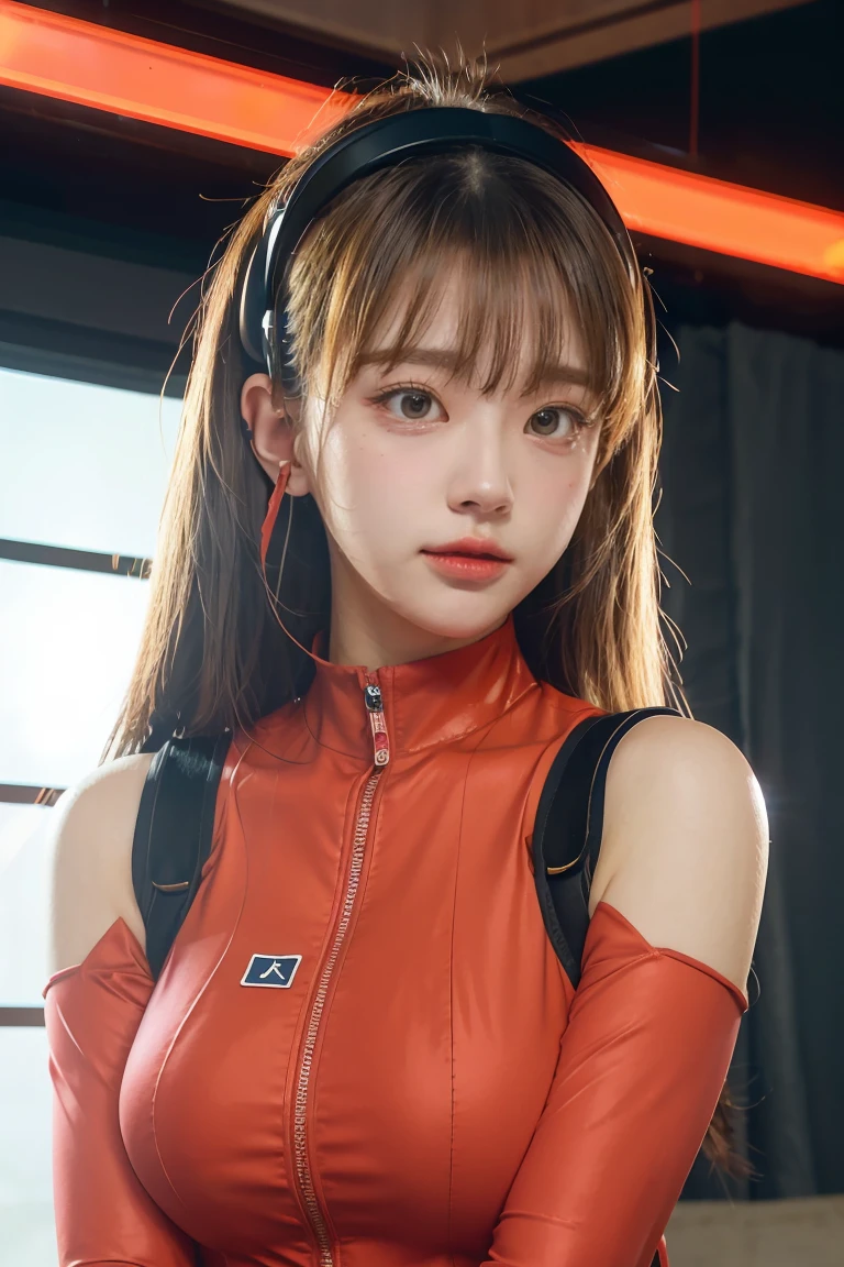 (cost view),Dynamic angle,Very detailed, illustration, close up, straight on, 1 girl, 
 ((Soryu Asuka Langley, headset interface, red bodysuit:1.4, Blonde)),Her eyes shone like dreamlike stars,(glowing eyes:1.233),(Beautiful and detailed eyes:1.1),(expressionless,gag),(stand), 
(Mechanic room with tools and spaceship window in white spaceship),
(nighttime:1.2),dreamlike, [[Delicate fingers and hands:0.55]::0.85],(inch details),