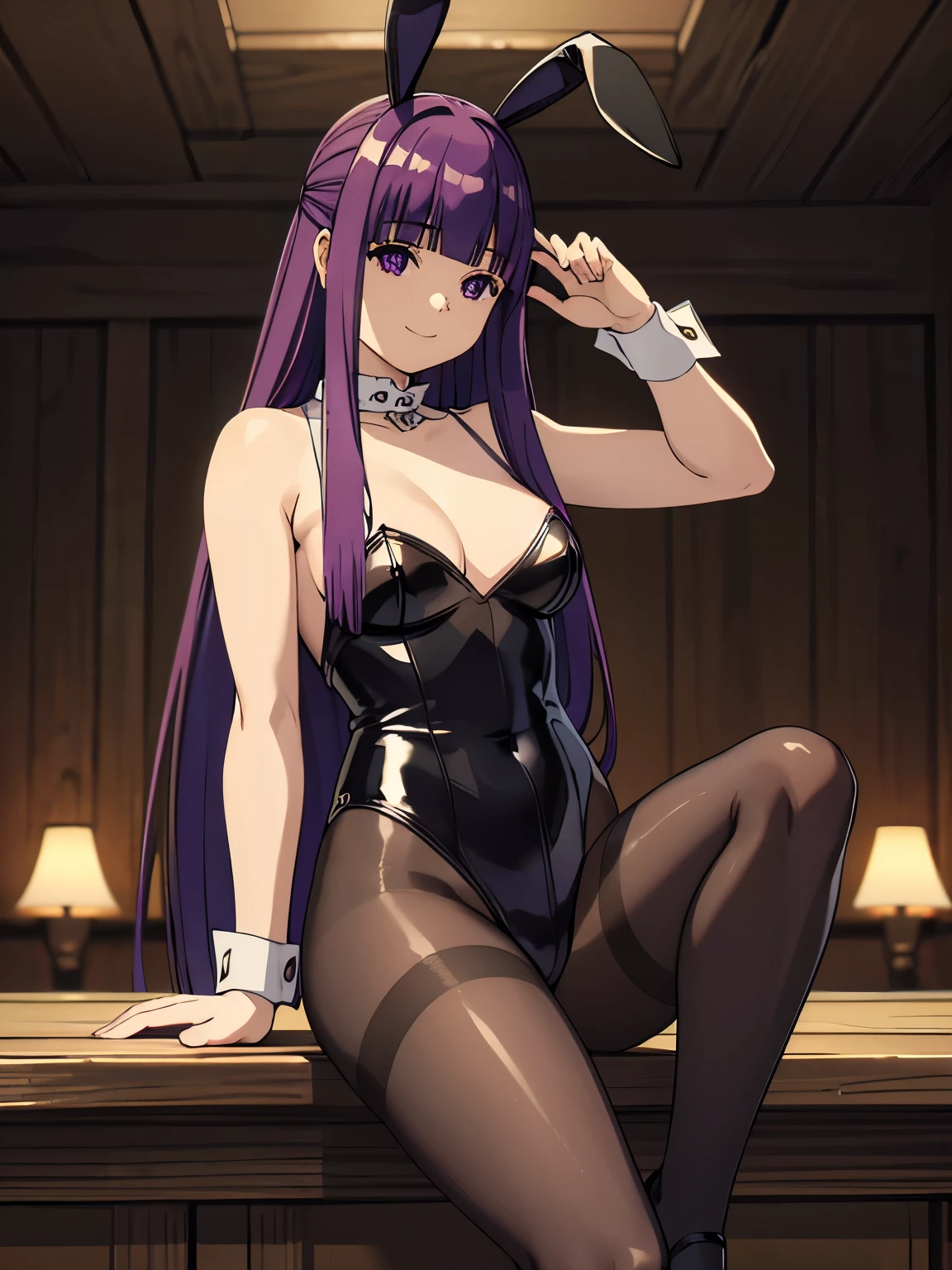 (masterpiece:1.0),(Highest_quality:1.0), (High resolution),(4K,Super detailed), (photograph), (8K), (High resolution), (High resolution), (Fern), One girl, (purple Hair), (Long Hair), (purple eyes), (Blunt bangs), (Side Lock), (Half Up), (bright eyes), (hair ornaments), (normal weight: 1.3),
(Black latex Playboy Bunny), (black fake rabbit ears), (Black Pantyhose), (Black high heels), Cowboy Shot, smile, View your viewers, Perfect lighting, Blurred Background