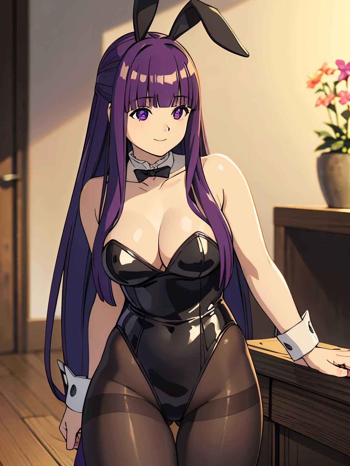 
(masterpiece:1.0),(Highest_quality:1.0), (High resolution),(4K,Super detailed), (photograph), (8K), (High resolution), (High resolution), (Fern), One girl, (purple Hair), (Long Hair), (purple eyes), (Blunt bangs), (Side Lock), (Half Up), (bright eyes), (hair ornaments), (normal weight: 1.3),
  (Black latex Playboy Bunny), (black fake rabbit ears), (Black Pantyhose), (Black high heels), Cowboy Shot, smile,  View your viewers, Perfect lighting,  Blurred Background