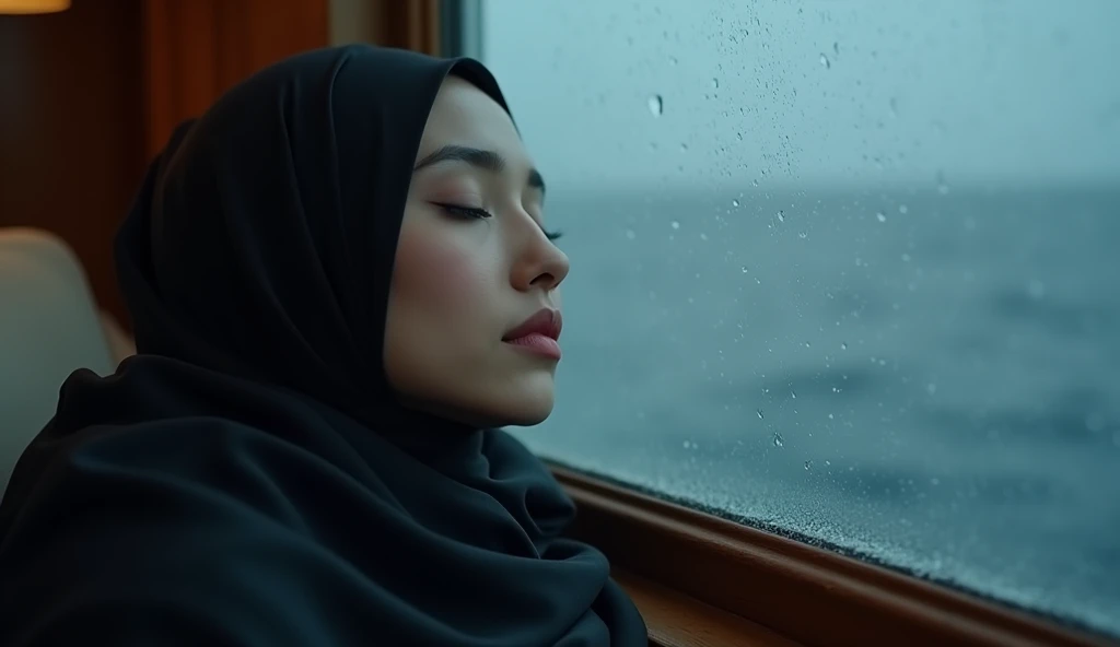 Black hijab girl sleeping in car, midnight rain in the car glass Rain drops