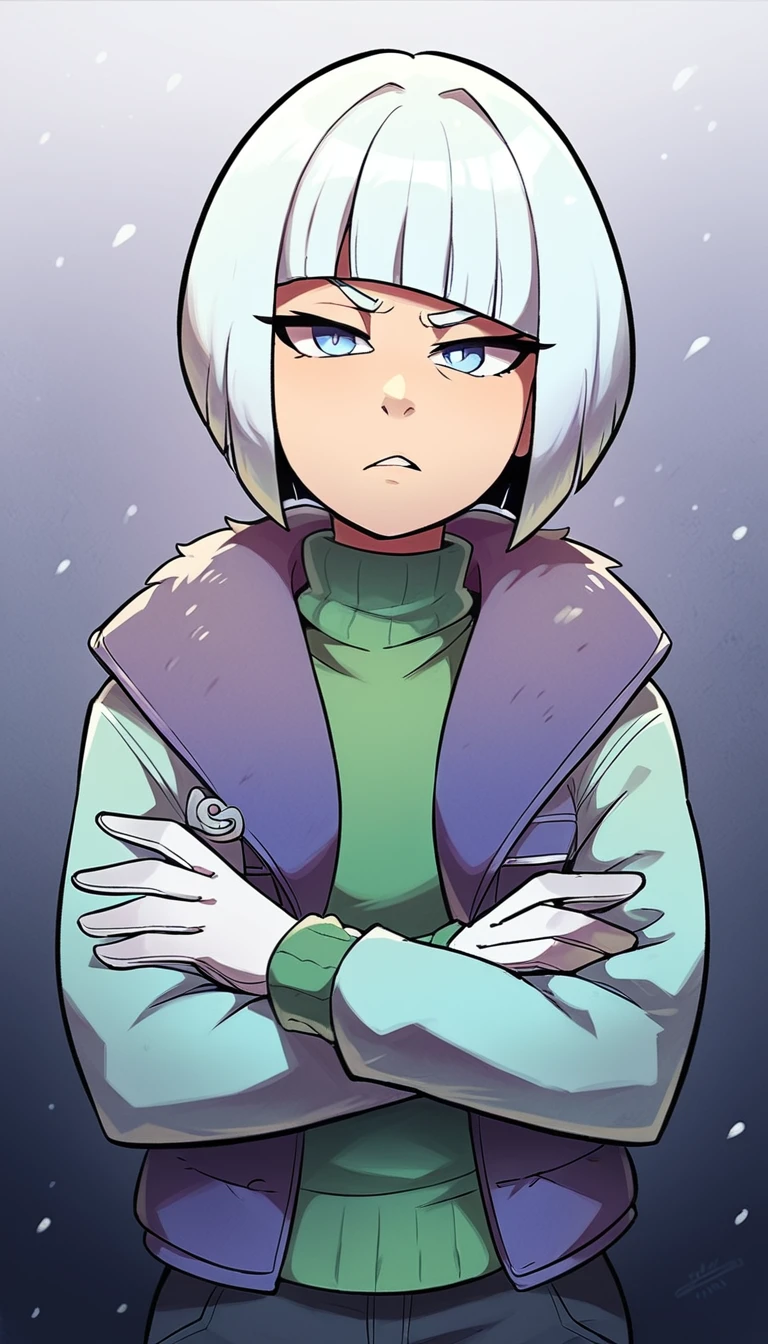 Kizi, chestnut hair, Short hair bob cut, with bangs, purple snow jacket with green sweater inside, hands crossed, Slightly serious expression, eyes large, whitegloves, blue colored eyes, fully body