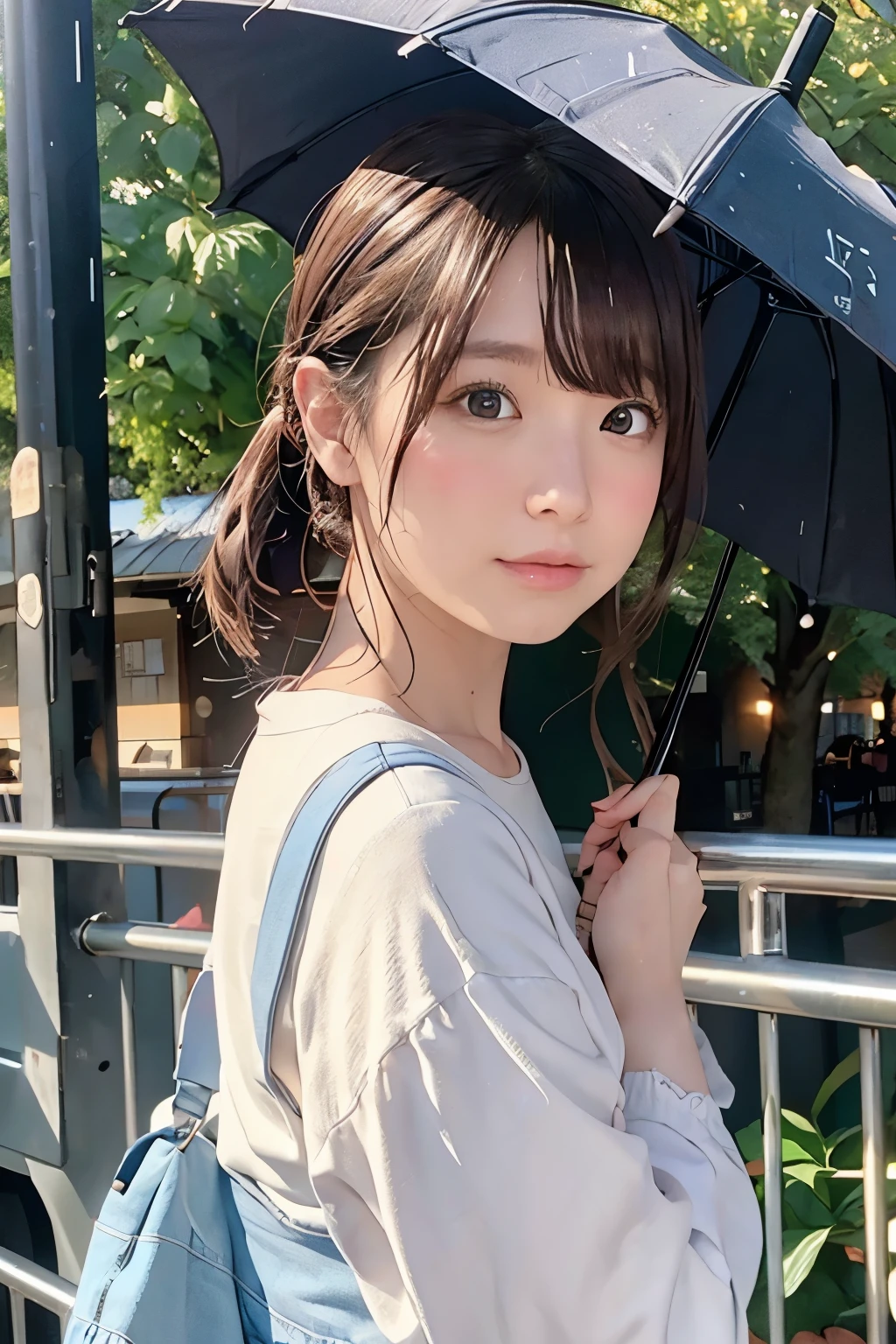 8K, RAW Photo, Best Quality, Masterpiece, Realistic, PhotoRealistic, Extremely Detailed 8K Wallpaper, Beautifully Detailed Eyes, Finely Detailed Face, 
 BREAK 
Cinematic Lighting, 
 BREAK 
Intense Raining Dark Forest, 
 BREAK 
Perfectly Anatomically Correct:1.1, 5 Beautiful Thin Finger:1.1, 
 BREAK 
rain style, 1 Girl without Umbrella, 
Very Short Ponytail Hair:1.1, Forehead:1.1, Symmetrical Clear Eyes:1.0, Captivating Eye Reflections:1.0, 
Kawaii:1.1, Chocolate Color Eyes, Wide-Set Eyes, Tareme, Embarrassed, (Round Face, Round Chin), 
Wet Hair, High-, [Japanese], 
Wearing Random SHIMAMURA Early September Clothes, 
Medium Buttocks Upturned:1.0, Beautiful Ideal Spherical Shape Buttocks:1.0, 
Upward Facing Small Breasts:1.0, 
Looking Back Viewer, Lean back:1.2, 
 BREAK 
SFW:1.0, 
 BREAK 
from Behind:1.0, from Bellow:1.0, from Left Side:1.0, POV Shot, Bokeh:1.2