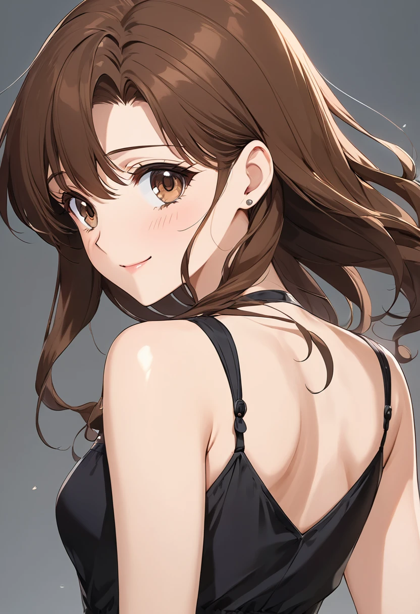 Masterpiece, High qualityสุด, high resolution, Women wearing short dresses、Brown hair, long to the middle of the back、brown eyes、lovely woman、beautiful、shine、My eyes fell.、Transparency、detailed face、（High quality)、smile、Innocent、Anime